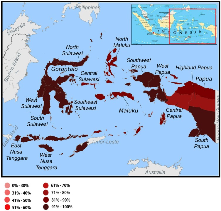 Map of Eastern Indonesia showing provinces with varying shades of red, indicating population percentages. The key depicts percentages from zero to thirty in light pink to ninety-one to one hundred in dark red. An inset map at the top right highlights the region within Indonesia.