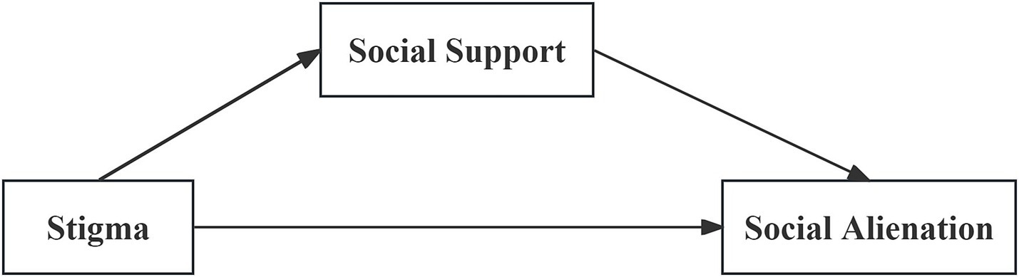 Flowchart illustrating relationships between concepts: "Stigma" leads to "Social Alienation" directly and indirectly through "Social Support." Both arrows point towards "Social Alienation."