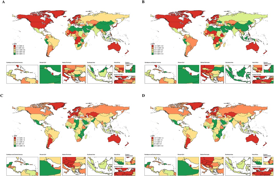 Four world maps labeled A, B, C, and D display various regions in different colors indicating age-standardized rates (ASR) for a specific metric. The color scale ranges from red (lowest ASR) to green (highest ASR). Each map highlights detailed views of specific regions: Caribbean and Central America, Persian Gulf, Balkan Peninsula, Southeast Asia, West Africa, Eastern Mediterranean, and Northern Europe. The maps differ in the ASR thresholds represented.