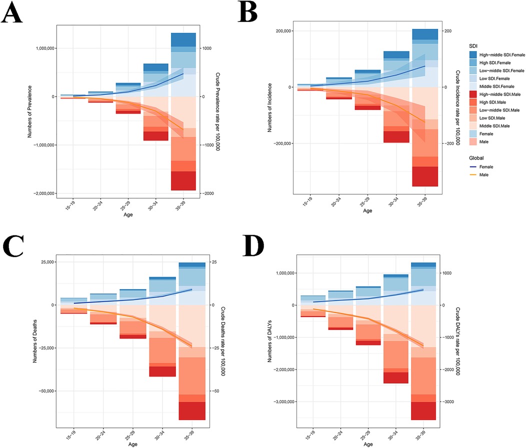 Four bar charts labeled A to D analyze numbers by age groups (15-39 years). Chart A shows prevalence, B shows incidence, C shows deaths, and D shows DALYs. Each chart compares data for males and females across different Socio-demographic Index levels with corresponding trend lines.