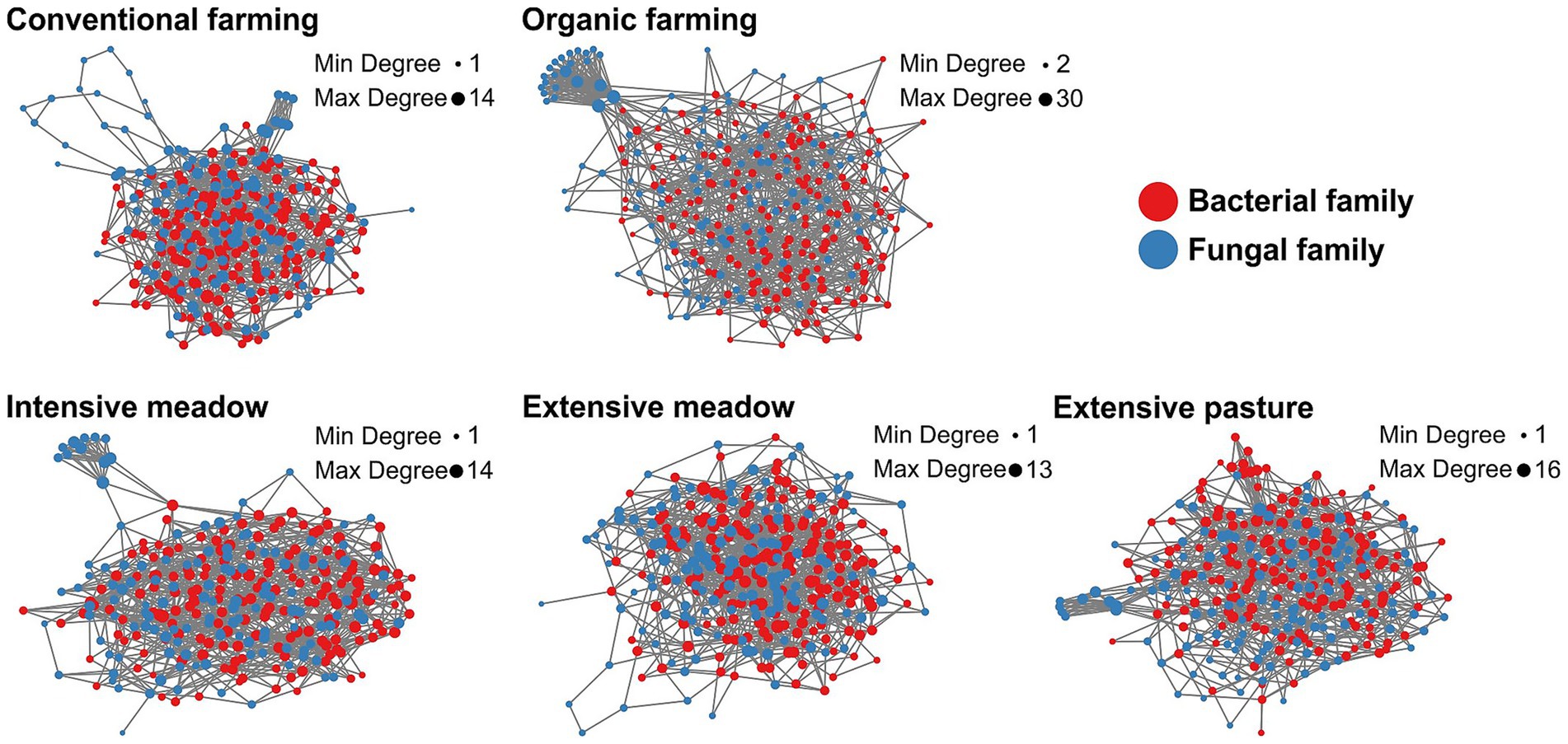Network diagrams comparing bacterial and fungal families across different farming and meadow types. Red and blue nodes represent bacterial and fungal families, respectively. Connections indicate interactions, with min and max degree values labeled. Conventional, organic, intensive meadow, extensive meadow, and extensive pasture ecosystems are shown, highlighting differing interaction complexities.