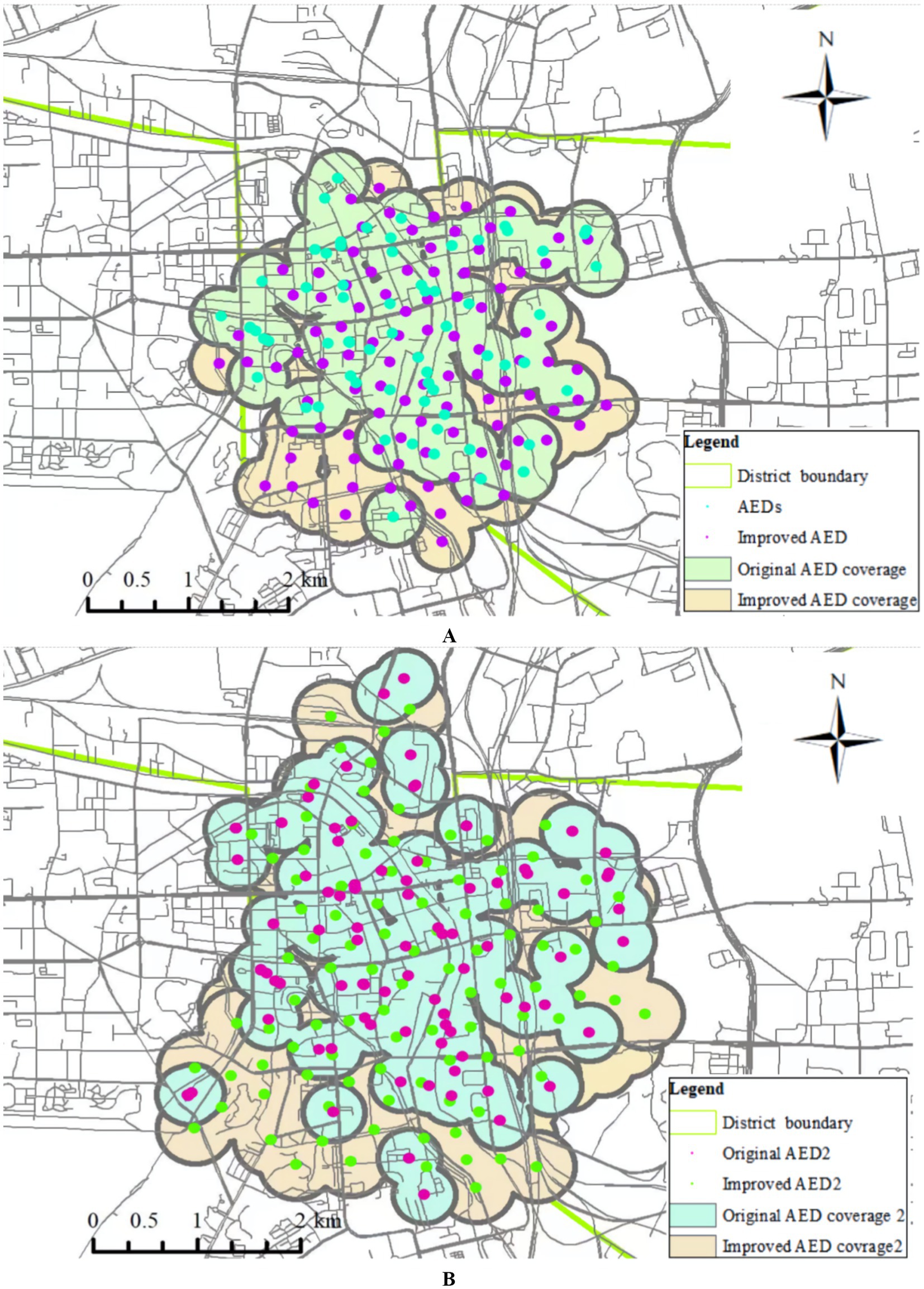 Two maps labeled A and B show AED (Automated External Defibrillator) coverage in a district. Both maps include legends highlighting district boundaries, AED locations, and coverage areas. Map A focuses on original and improved AED coverage, while Map B distinguishes between two types of AED coverage updates. The maps use different colors and symbols to delineate coverage zones and AED placements. A scale in kilometers and a compass rose are included for reference.