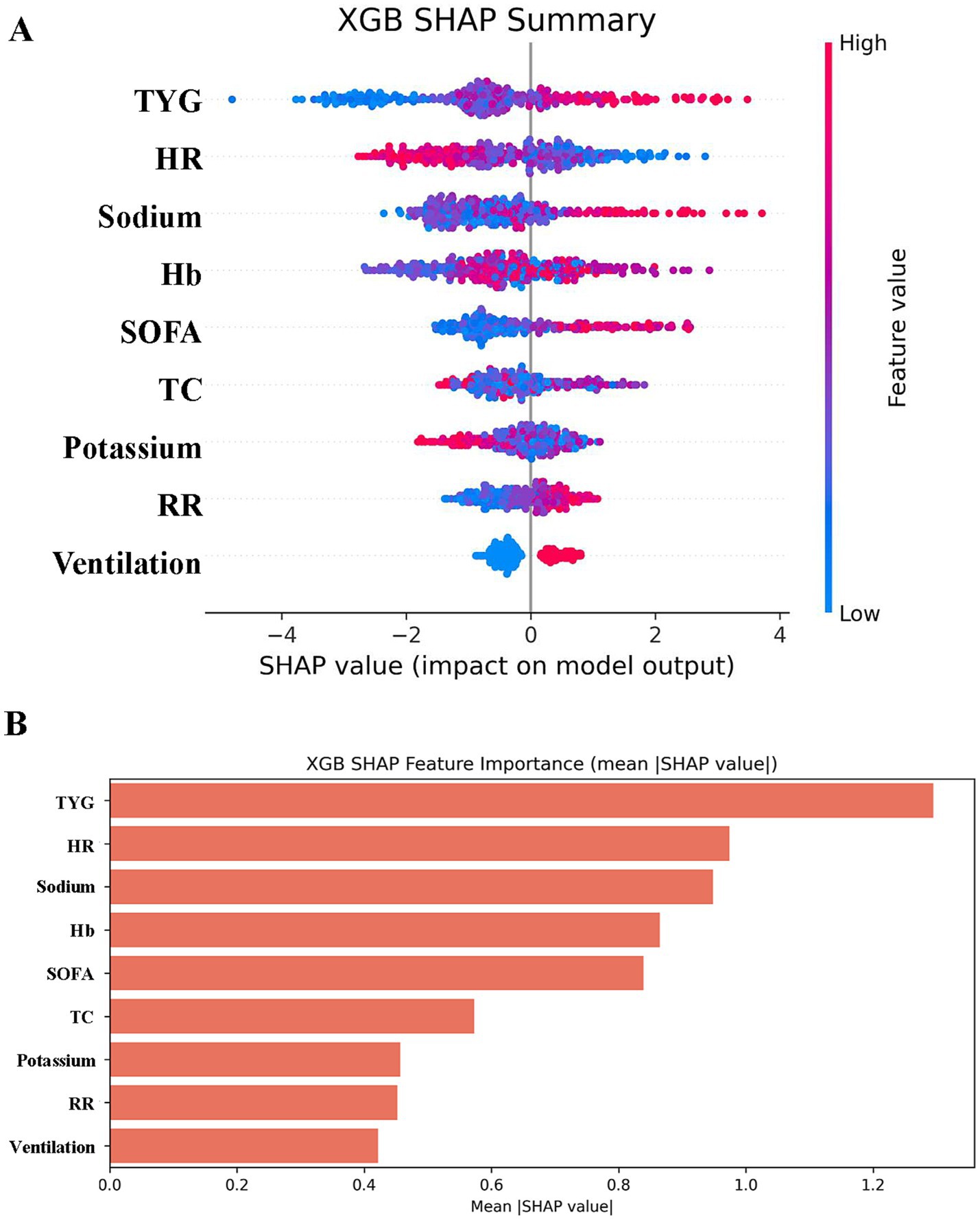 Panel A shows a SHAP summary plot for XGB model output, displaying dots along an axis representing SHAP values. Colors range from red (high feature value) to blue (low feature value). Panel B shows a horizontal bar chart depicting mean SHAP values for feature importance, with TYG having the highest impact, followed by HR, Sodium, and others.