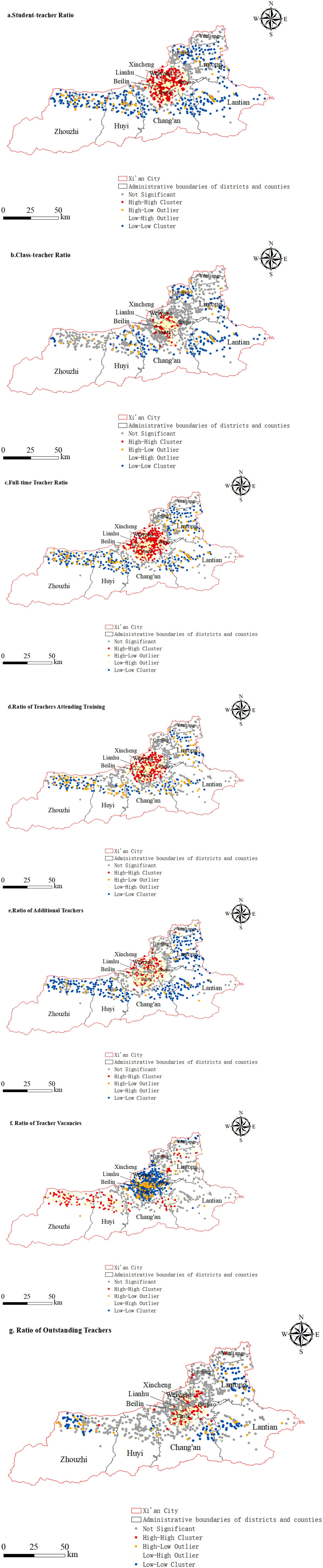 Two maps display class-teacher and student-teacher ratios in Xi'an City and surrounding areas. Both maps show administrative boundaries, with red lines marking Xi'an City. Colored dots represent statistical significance: gray for not significant, red for high-high clusters, orange for high-low outliers, yellow for low-high outliers, and blue for low-low clusters. A compass rose indicates directions, and a scale shows distance in kilometers. Two maps show teacher-related statistics in Xi'an City. The top map illustrates the full-time teacher ratio, highlighting high-high clusters in red and low-low clusters in blue. The bottom map depicts the ratio of teachers attending training with similar color coding for different statistical significances, including outliers. Administrative boundaries and key districts are marked. A scale bar and compass rose are included. Map showing two panels of Xi'an City and surrounding areas with spatial distribution of teacher vacancies and additional teachers. Panel F shows clusters of teacher vacancies with red indicating high-high clusters. Panel E shows distribution of additional teachers with blue indicating low-low clusters. Both maps highlight administrative boundaries and use color-coded legends for significance levels. Map showing the ratio of outstanding teachers in Xi'an City, with various clusters and outliers. Red lines mark city boundaries, black lines indicate district boundaries. Dots indicate significance: gray for not significant, red for high-high clusters, orange for high-low outliers, yellow for low-high outliers, and blue for low-low clusters. A compass rose and scale bar ranging from zero to fifty kilometers are included. Districts such as Weiyang, Xincheng, Lianhu, Beilin, Chang'an, Lintong, and others are labeled.
