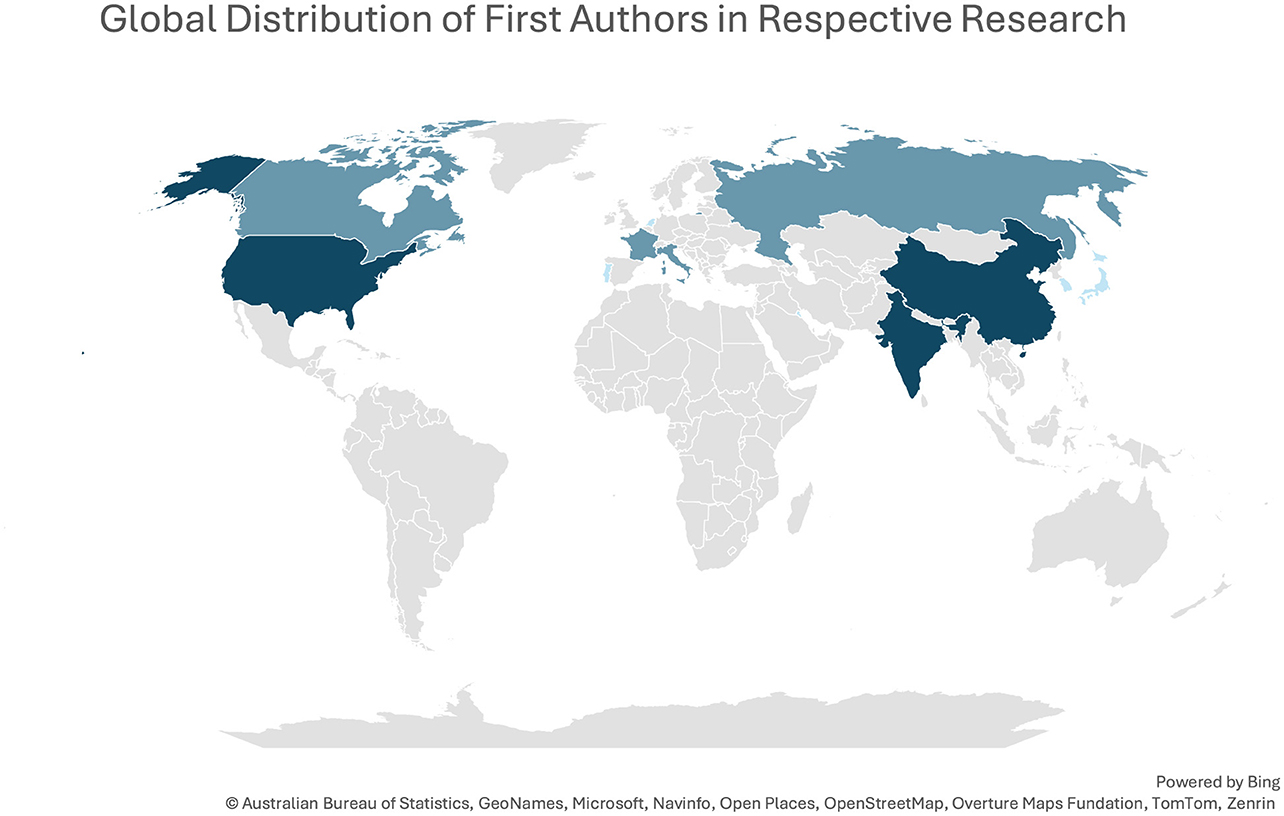 World map illustrating the global distribution of first authors in research. North America, Asia, and parts of Europe are highlighted, indicating regions with higher numbers of first authors.
