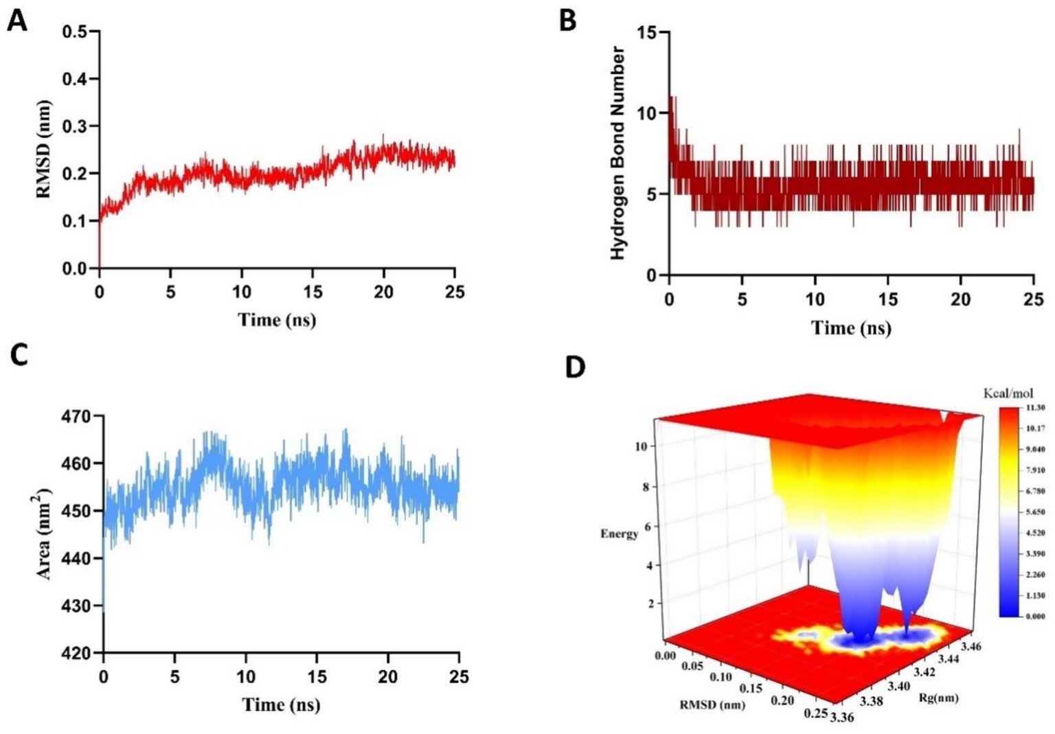 Graphical analysis of simulation data includes four subplots. A: Line graph displaying RMSD in nanometers over time in nanoseconds with values stabilizing around 0.2 nm. B: Bar graph of hydrogen bond numbers decreasing initially, then stabilizing around 5 over time. C: Line graph depicting area in square nanometers fluctuating slightly around 450 nm². D: 3D plot visualizing energy against RMSD and Rg, with a color gradient indicating kcal/mol values.