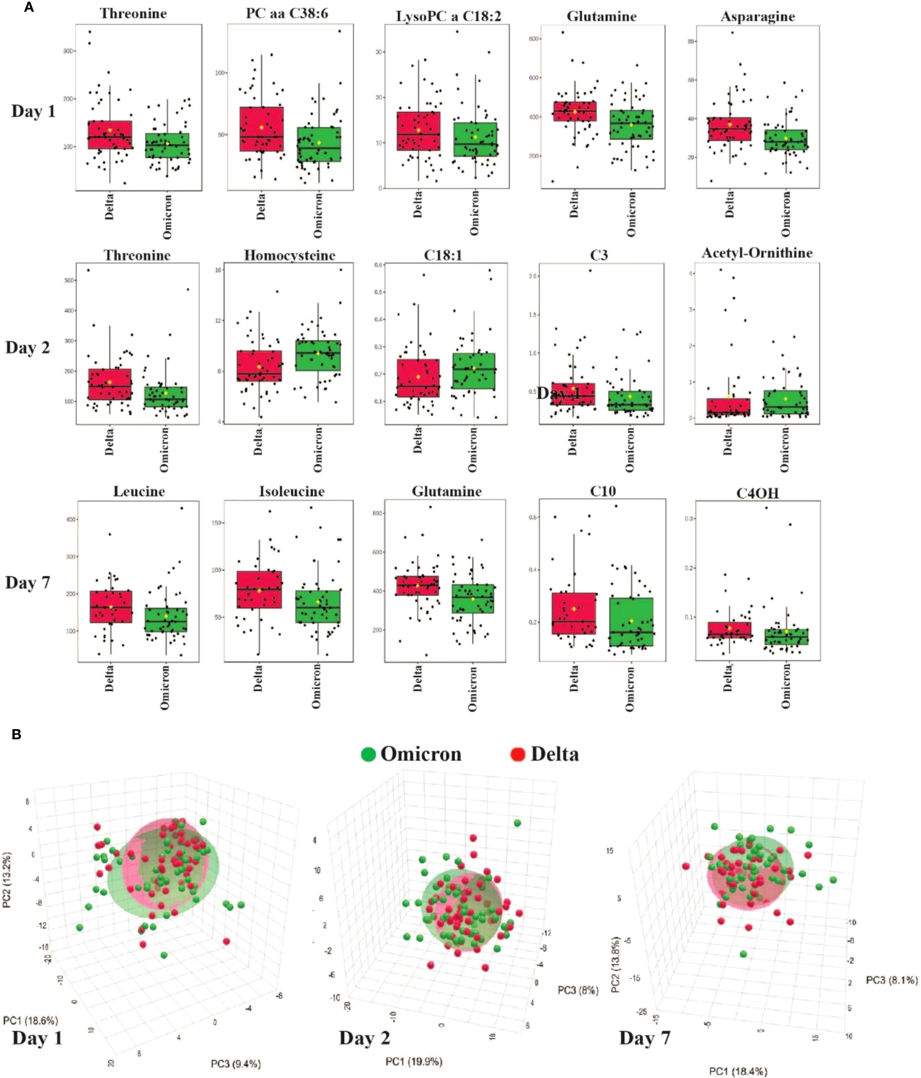 Panel A displays multiple box plots showing various metabolites levels comparing Delta and Omicron groups across three days: Day 1, Day 2, and Day 7. Metabolites include Threonine, Homocysteine, Leucine, among others. Panel B consists of three three-dimensional scatter plots for Principal Component Analysis (PCA) on Days 1, 2, and 7, illustrating the distribution of Delta and Omicron groups in different colors: red for Delta and green for Omicron.