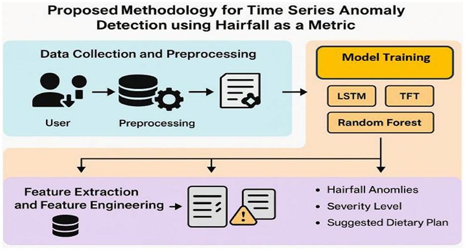 Proposed methodology for time series anomaly detection using hair fall as a metric. It includes three stages: data collection and preprocessing (user data and preprocessing), model training (involving LSTM, TFT, and Random Forest), and feature extraction and engineering. Outputs include hair fall anomalies, severity levels, and suggested dietary plans.