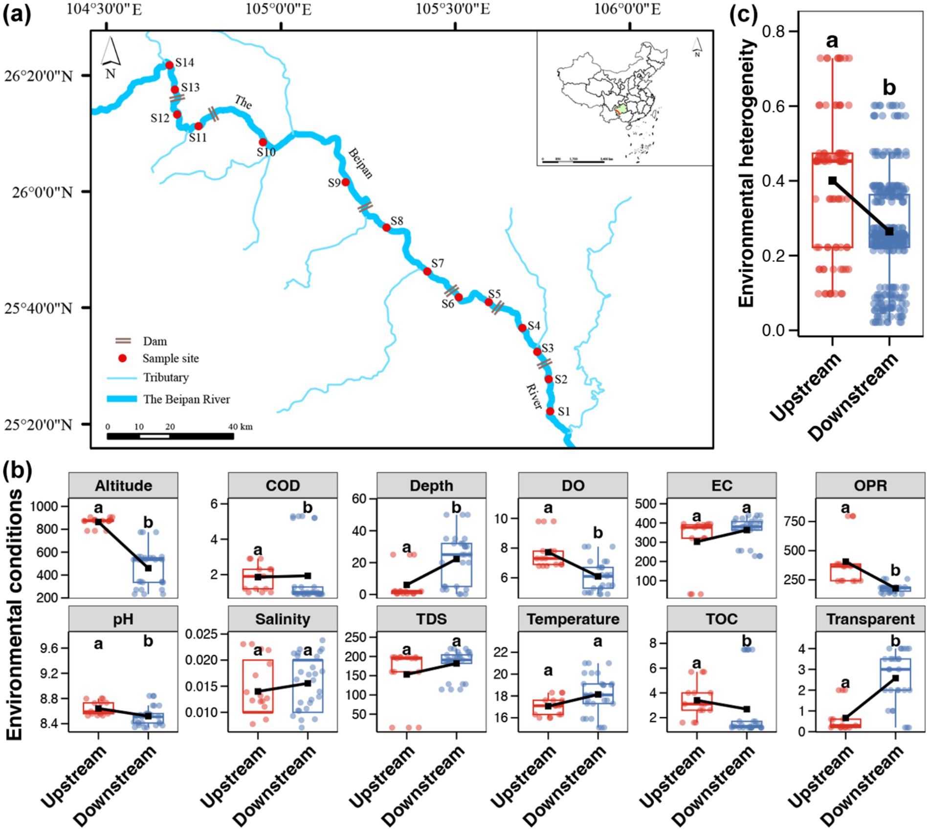Map and data visualizations of the Beipan River study. Panel (a) shows the river map with sample sites and dams. Panel (b) presents box plots comparing upstream and downstream environmental conditions: altitude, COD, depth, DO, EC, OPR, pH, salinity, TDS, temperature, TOC, and transparency. Panel (c) shows a box plot of environmental heterogeneity comparing upstream and downstream. Statistical significance is indicated by letters a and b.