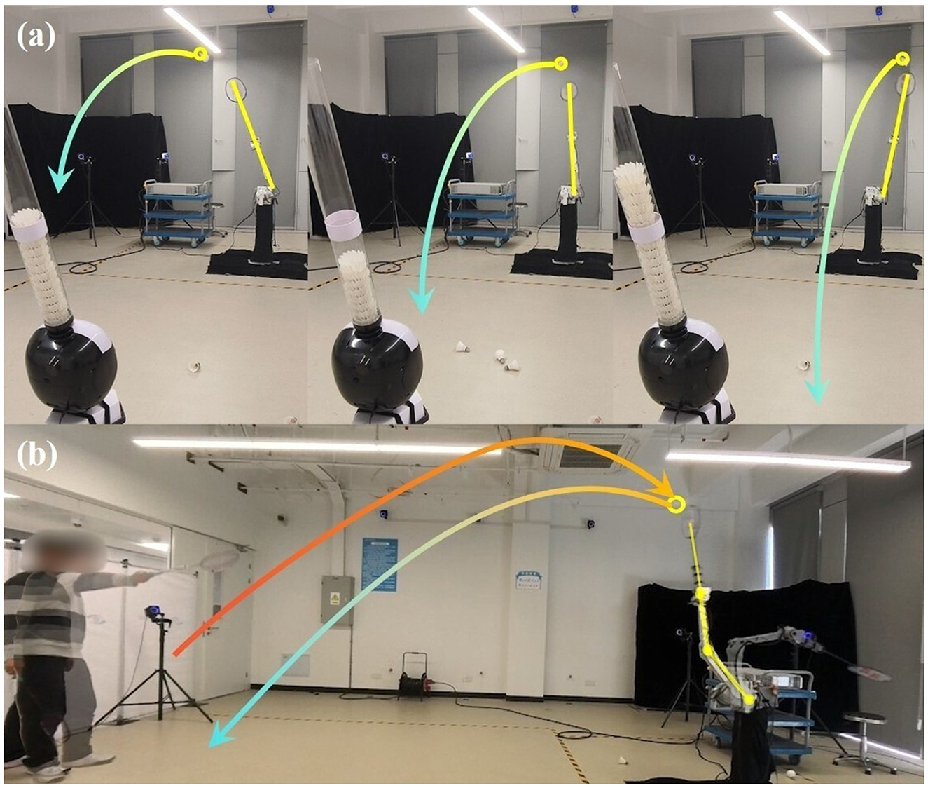 Two-panel image showing badminton shuttlecock trajectories and robots. Panel (a) illustrates a robot launching a shuttlecock three times, each with different colored arcs indicating varied trajectories. Panel (b) shows a person testing shuttlecock flight with a robotic arm and similar trajectory arcs.