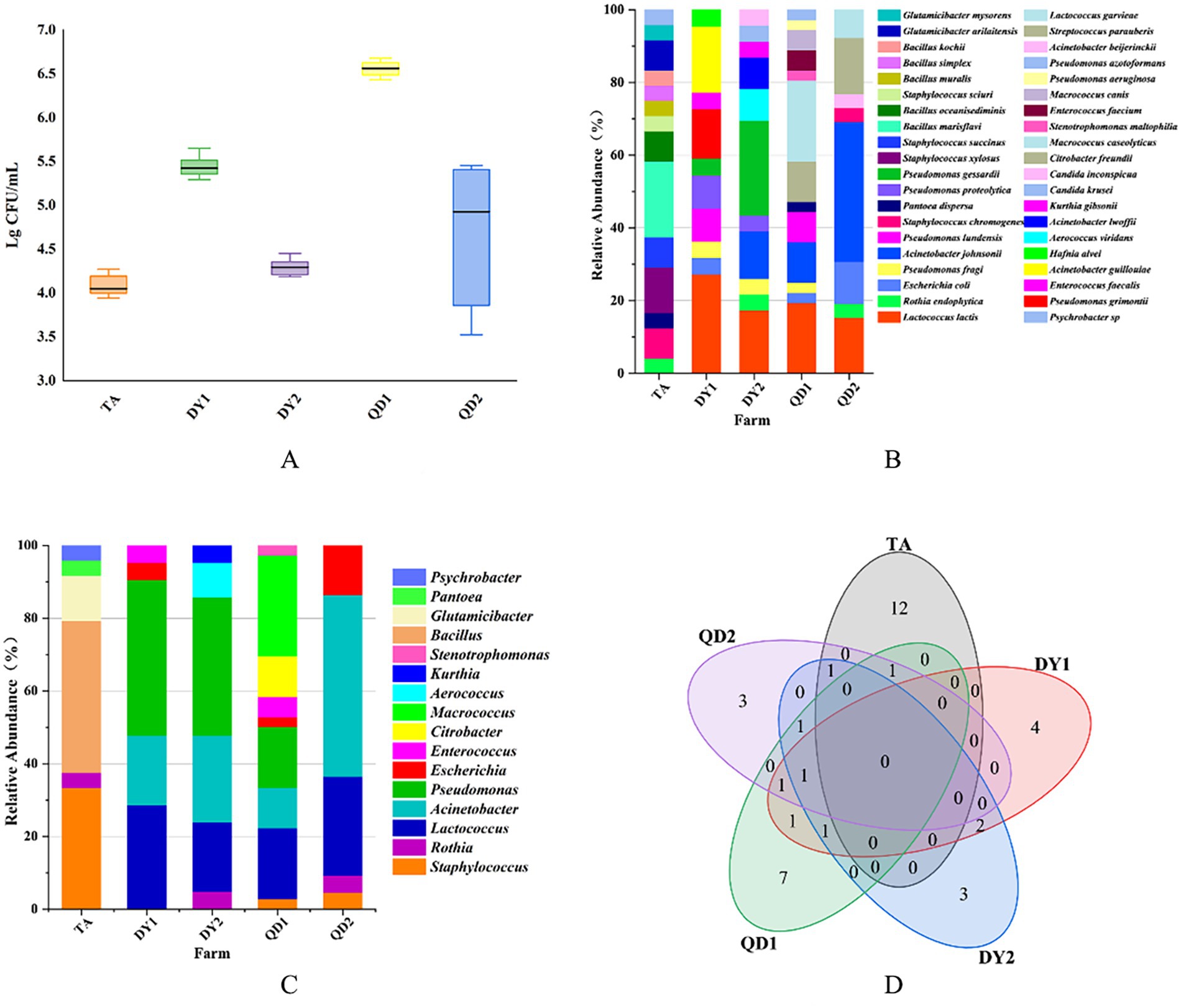 Image depicting four data visualizations labeled A to D. A shows a box plot with Log CFU/mL measurements for farms TA, DY1, DY2, QD1, and QD2. B is a stacked bar chart illustrating the relative abundance of various bacterial species across the same farms. C is another stacked bar chart with similar data but focusing on specific genera like Psychrobacter, Pantoea, and Bacillus. D is a Venn diagram showing the overlap of bacterial species among the farms, with numbers indicating unique and shared species.