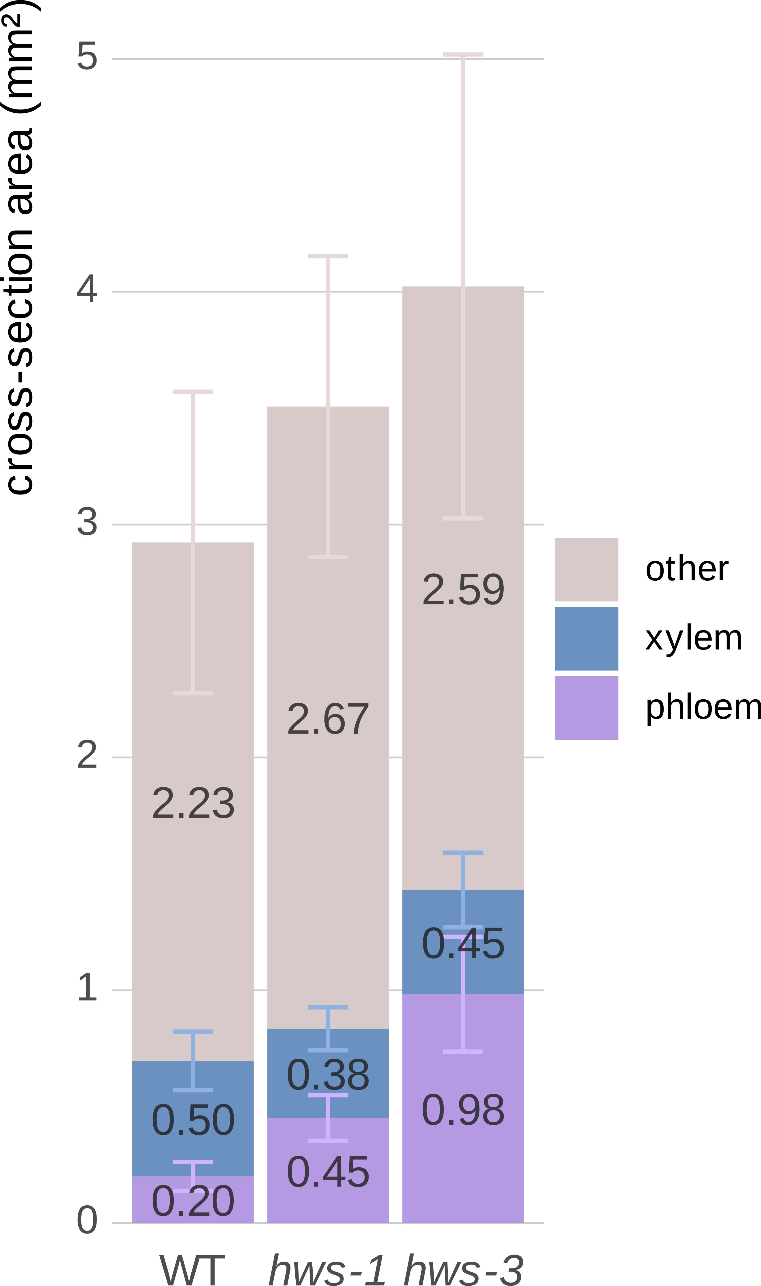 Bar chart showing cross-section area in millimeters squared for WT, hws-1, and hws-3. Bars are divided into sections: “other” in beige, “xylem” in blue, and “phloem” in purple. WT has 0.20, hws-1 has 0.45 and hws-3 has 0.98 for phloem. Error bars indicate variability.