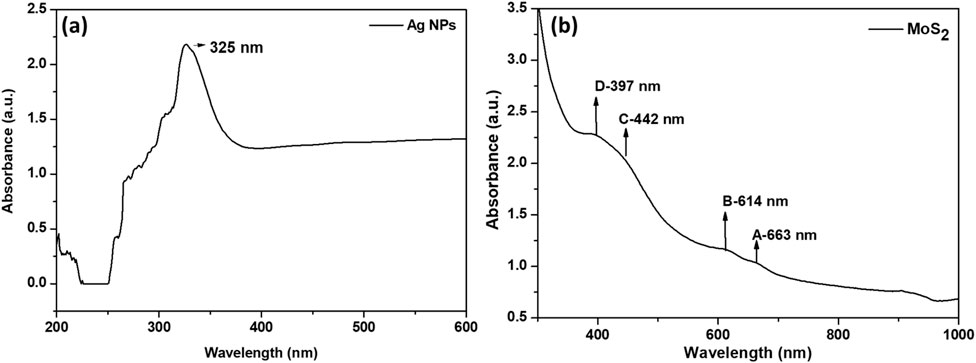 Graph (a) displays the UV-Vis absorbance spectrum of silver nanoparticles, with a peak at 325 nanometers. Graph (b) shows the absorbance spectrum of molybdenum disulfide, with peaks at 397, 442, 614, and 663 nanometers. Both graphs measure absorbance in arbitrary units versus wavelength in nanometers.