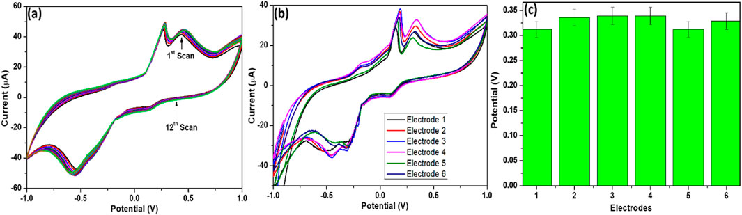 Three-panel image displaying electrochemical data. (a) Cyclic voltammetry scans showing current versus potential with multiple overlapping curves for the first and twelfth scans. (b) Cyclic voltammetry curves for six electrodes, each represented by a different color. (c) Bar graph illustrating potential for six electrodes with green bars and error margins.