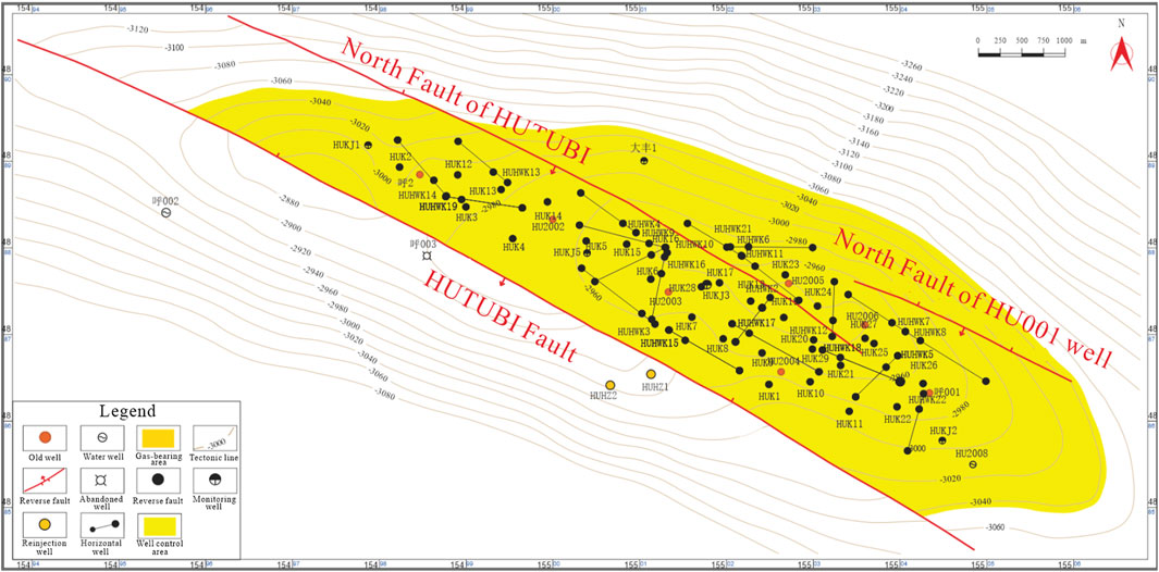 Geological map showing the Hutubi Fault and North Fault of HU001 well in red. A yellow area highlights gas-bearing zones with various wells marked as black dots. Contour lines and a scale are included for reference in meters. A legend indicates symbols for different well types and faults.