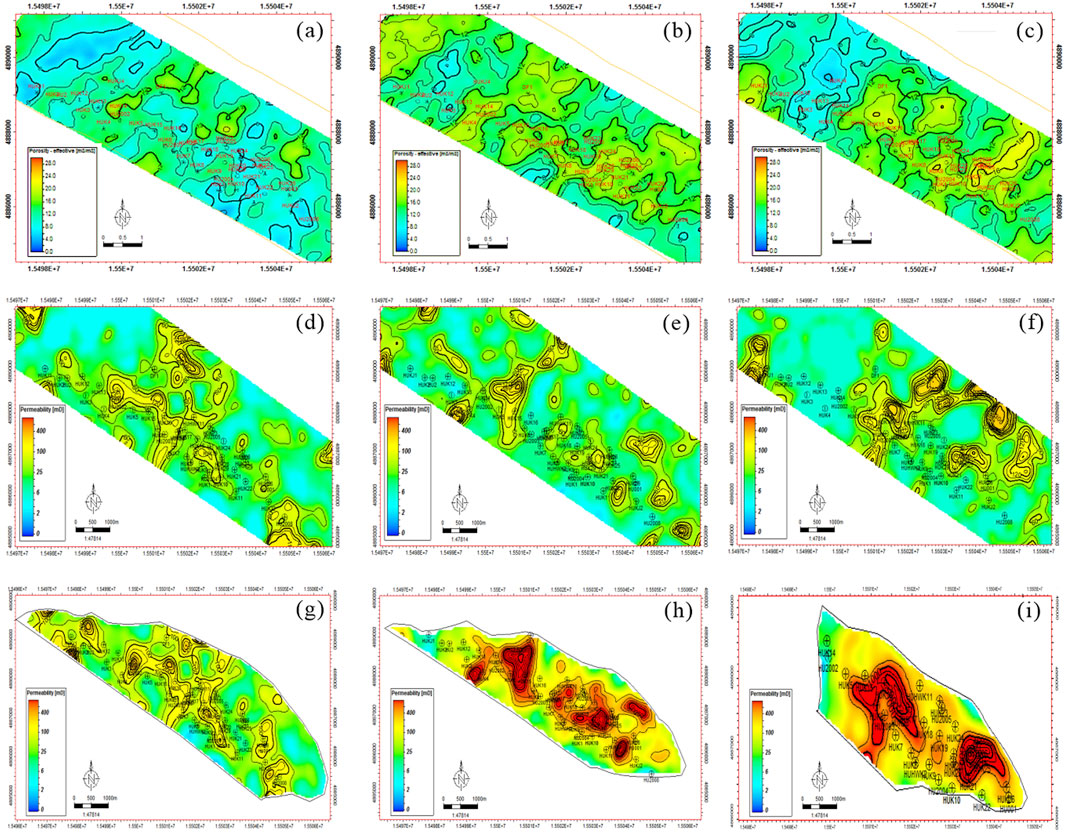 Nine contour maps illustrating surface attributes, including porosity and permeability at varying depths. Each map uses a color gradient and contour lines to depict geological features. Graphs are labeled (a) through (i) and include a color scale and compass for orientation.