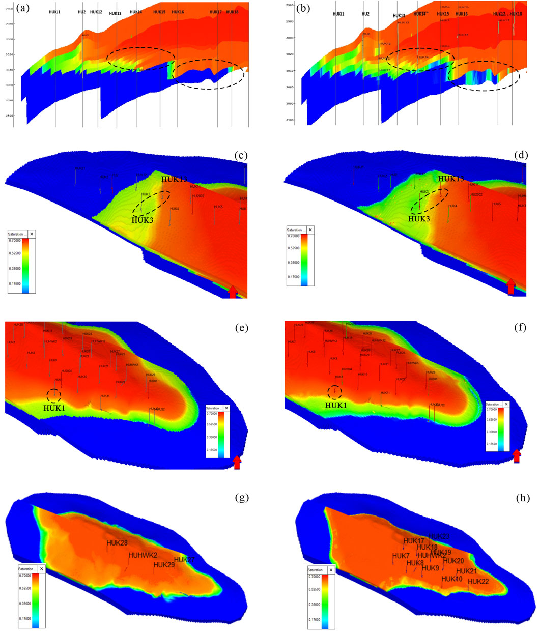Eight 3D saturation maps from (a) to (h) depict varying levels of saturation on a colored gradient scale from blue (low) to red (high). Each map displays saturation levels across different sections labeled with identifiers such as HUK1, HUK2, etc. Dotted circles highlight specific regions. Each panel includes a color bar legend indicating saturation values.