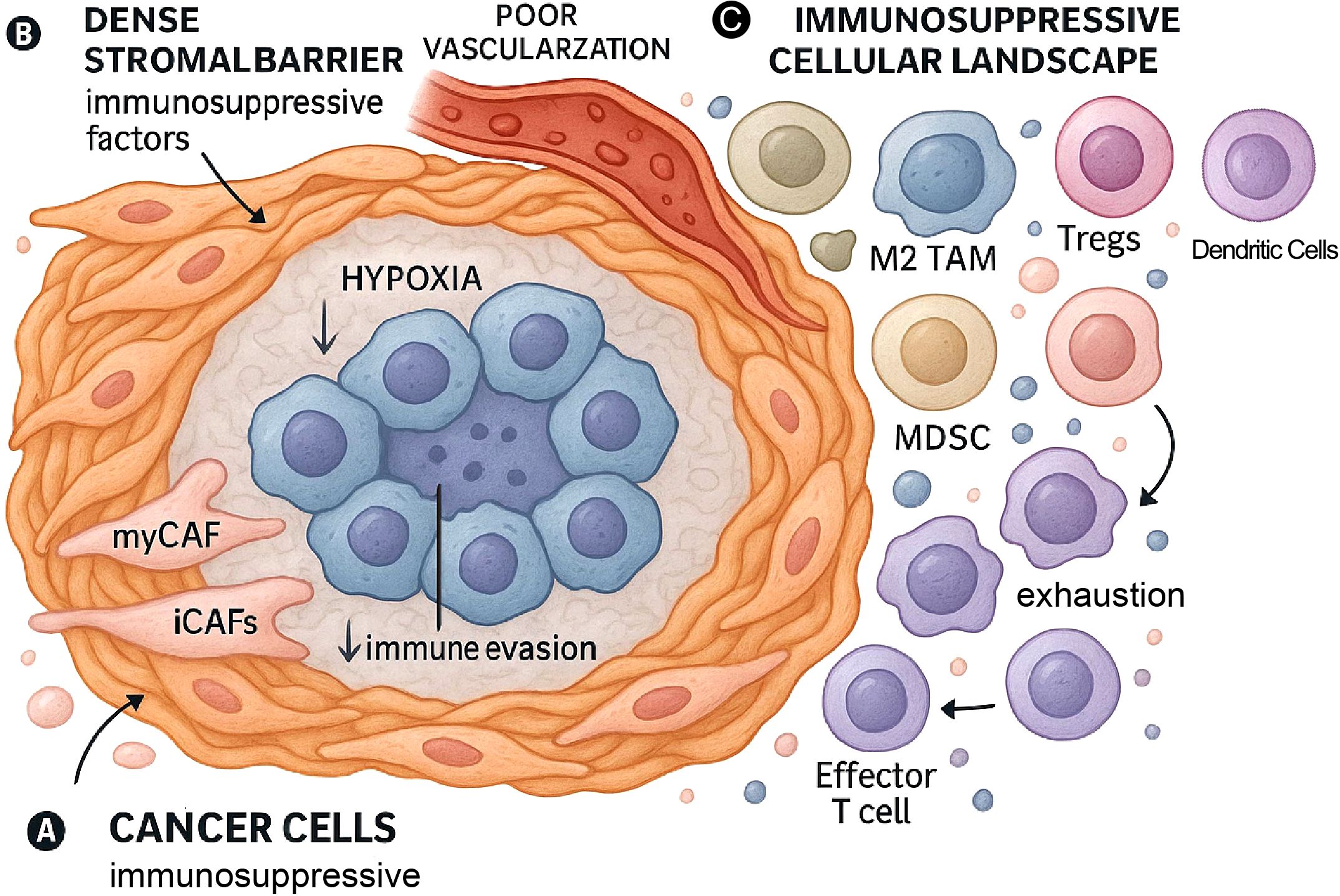 Illustration depicting the tumor microenvironment with cancer cells, dense stromal barriers, and poor vascularization causing hypoxia and immune evasion. Shows immunosuppressive cellular landscape, including M2 TAM, Tregs, dendritic cells, MDSC, exhausted effector T cells, myCAF, and iCAF influencing the immune response.