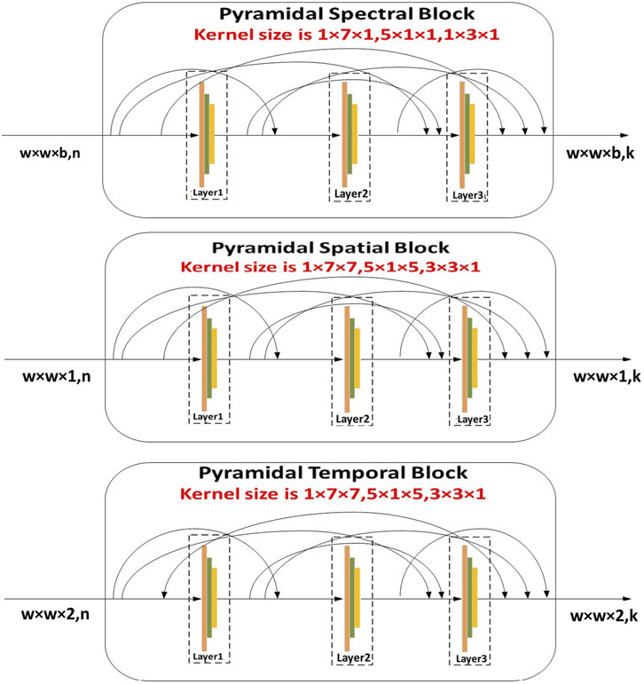 Three schematic diagrams represent different blocks: Pyramidal Spectral, Pyramidal Spatial, and Pyramidal Temporal. Each block consists of three layers with varying kernel sizes shown in red: \(1 \times 7 \times 1\), \(5 \times 1 \times 1\), \(1 \times 3 \times 1\) for Spectral; \(1 \times 7 \times 7\), \(5 \times 1 \times 5\), \(3 \times 3 \times 1\) for Spatial and Temporal. Each block processes inputs of different dimensions (\(w \times w \times b, n\) or \(w \times w \times 1, n\)) and outputs similarly dimensioned data (\(w \times w \times b, k\) or \(w \times w \times 1, k\)). Arrows indicate data flow between and within layers.