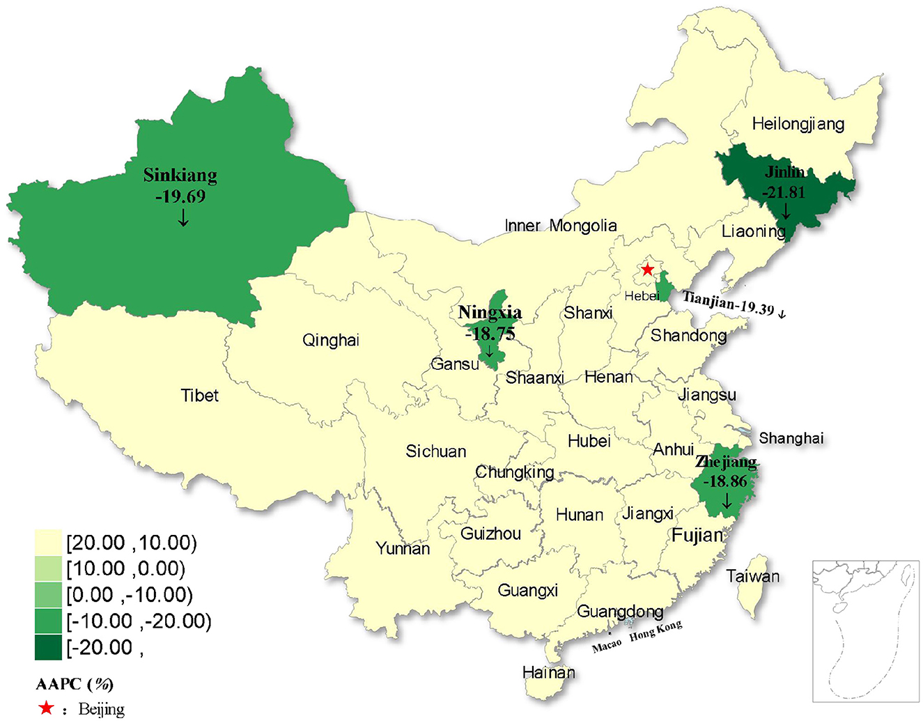 Map of China highlighting regional differences in AAPC percentages. Dark green regions, including Sinkiang, Jilin, Ningxia, Zhejiang, and Tianjian, show significant decreases from -18.75 to -21.81. Beijing is marked with a star. A legend indicates color-coded AAPC percentage ranges.