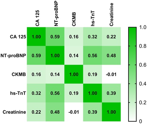 Heatmap showing correlation coefficients among biomarkers: CA 125, NT-proBNP, CKMB, hs-TnT, and Creatinine. Higher values near 1.0 indicate strong correlations. A gradient from light to dark green indicates increasing correlation strength. The diagonal displays a perfect correlation of 1.0 for each biomarker with itself.