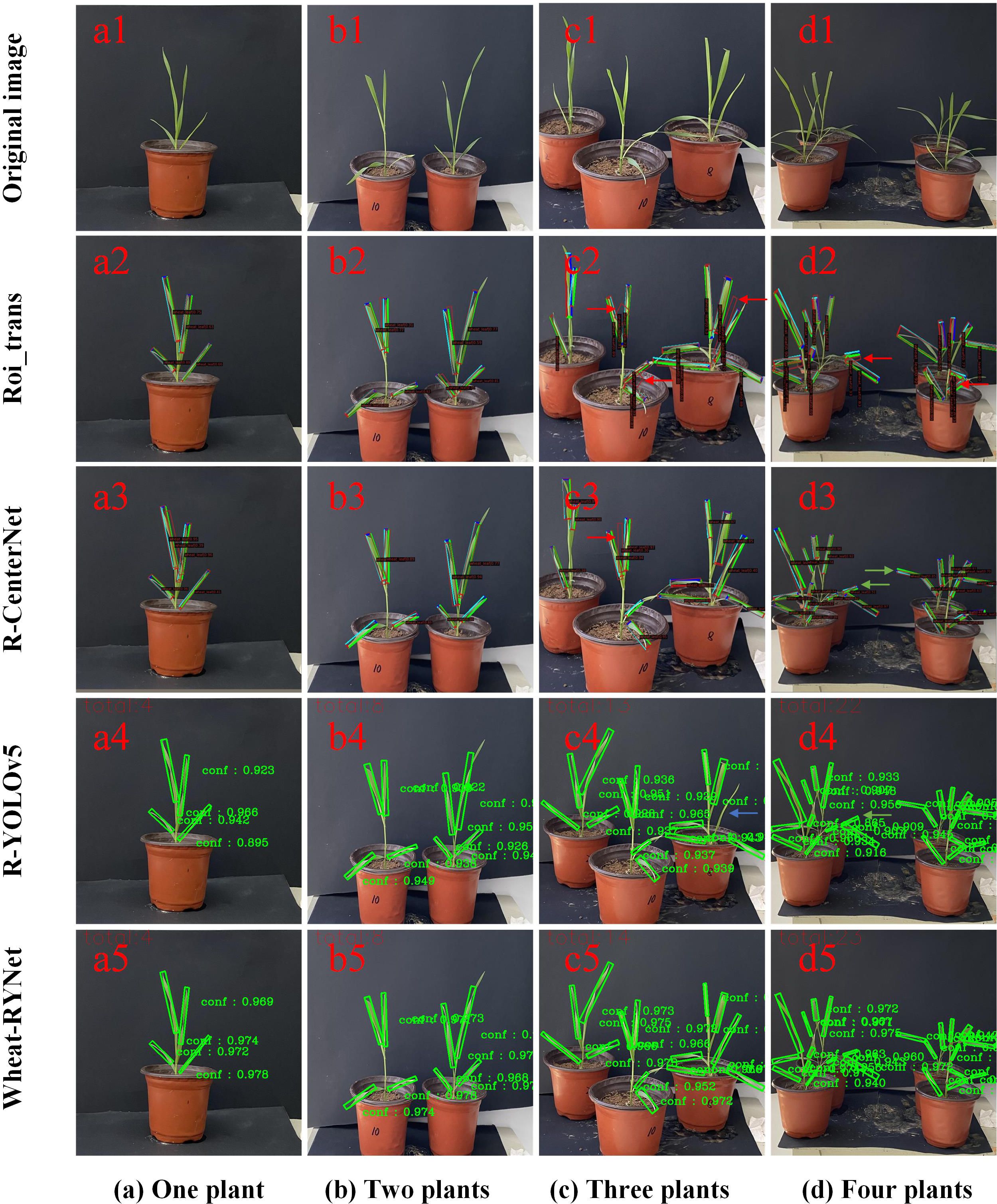 Grid of images showing plant detection using different methods. Each row represents a method (Original image, Roi-trans, R-CenterNet, R-YOLOv5, Wheat RYNet) and each column represents different plant groupings (one to four plants). Detection lines and confidence scores are marked over plants, highlighting differences in detection techniques.