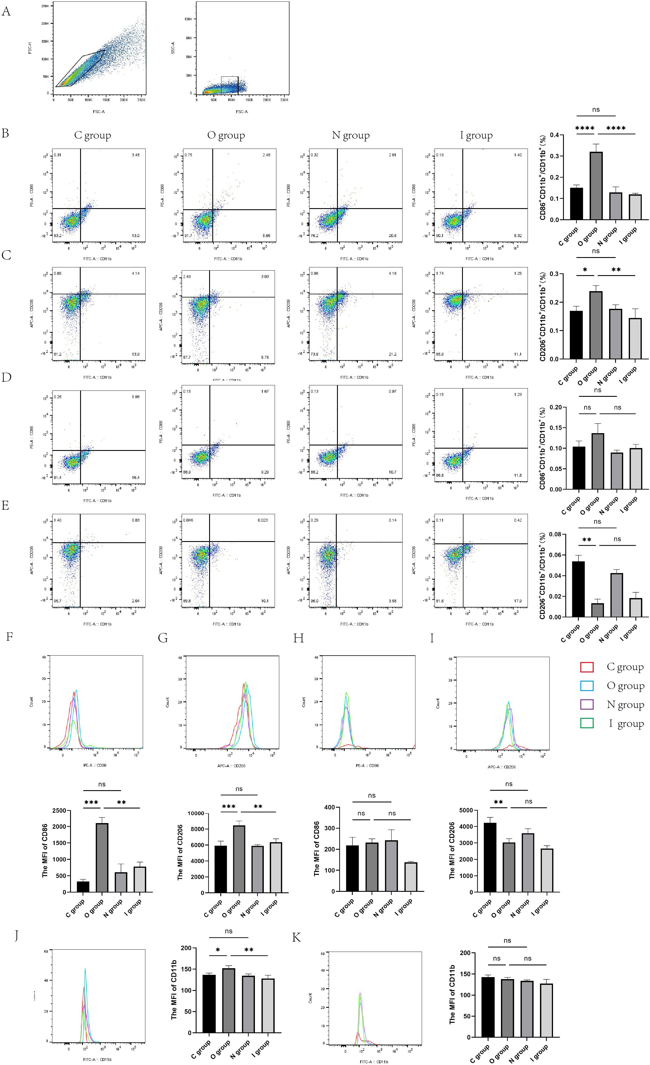 Flow cytometry scatter plots and bar graphs show comparisons among C, O, N, and I groups. Panels A to E display scatter plots, while panels F to K show histograms and bar graphs. These illustrate differences in cell populations labeled with specific antibodies and their mean fluorescence intensities. Statistical significance is indicated with asterisks, where necessary.