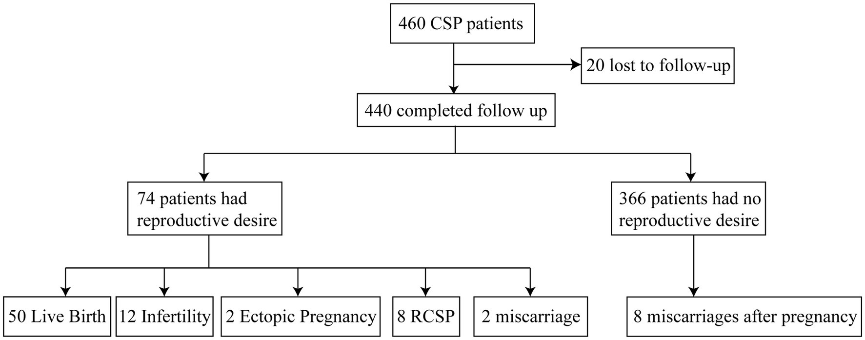 Flowchart of a study on 460 CSP patients. 20 were lost to follow-up; 440 completed follow-up. Among them, 74 had reproductive desire, resulting in 50 live births, 12 infertility cases, two ectopic pregnancies, eight recurrent CSPs, and two missed abortions. 366 patients had no reproductive desire, with eight miscarriages after pregnancy.