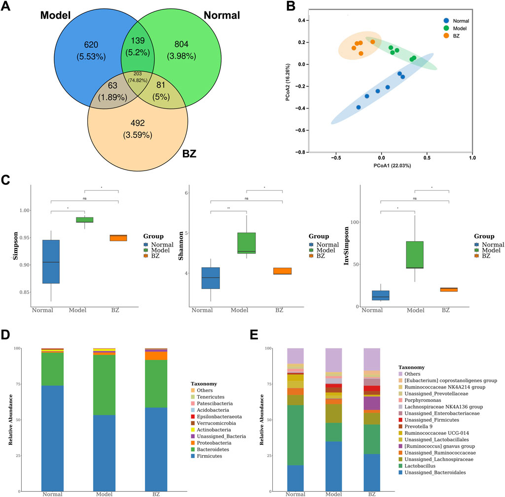 Diagram featuring multiple panels analyzing microbiome data. Panel A shows a Venn diagram comparing shared and unique data between Model, Normal, and BZ groups. Panel B presents a PCA plot differentiating these groups. Panel C displays boxplots comparing Simpson, Shannon, and InvSimpson diversity indices across groups. Panel D and E illustrate stacked bar charts showing the relative abundance of different taxa for each group, with legends indicating various bacterial families.