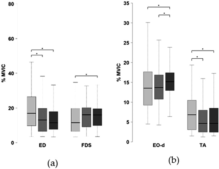 Box plots comparing percentage of MVIC (maximum voluntary isometric contraction) for different muscles. Chart (a) shows data for ED and FDS muscles, while chart (b) displays EO-d and TA muscles. Significant differences are marked with asterisks. Each plot consists of three bars in varying shades of gray with similar comparisons and distribution patterns.