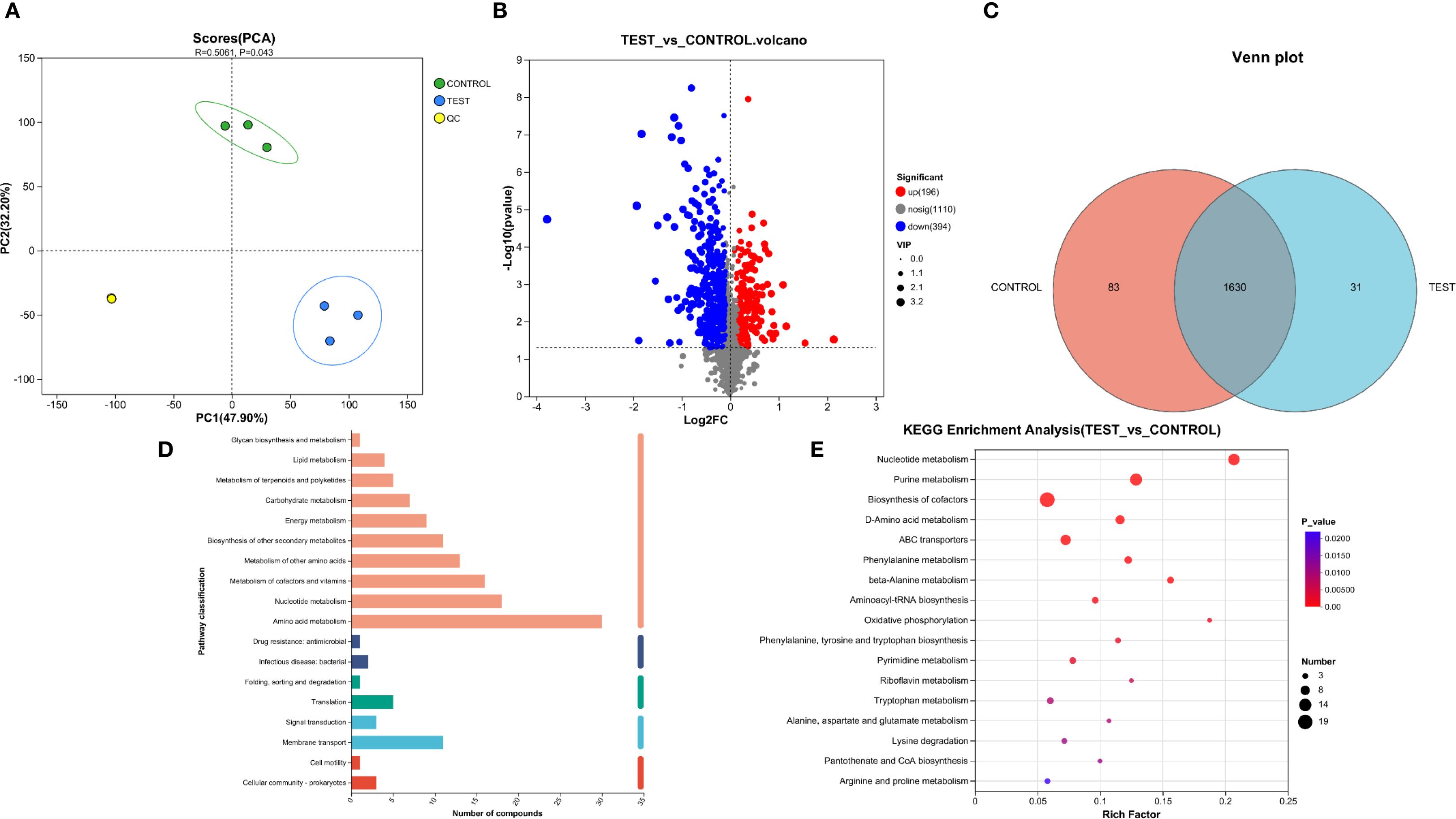 Group of analytical charts including a PCA score plot identifying clusters of control, test, and QC samples; a volcano plot showing significant differences between test and control groups with highlighted gene expressions; a Venn diagram depicting overlapping data sets between test and control with shared and distinct elements; a bar chart summarizing pathway statistics for different metabolic activities; and a dot plot for KEGG enrichment analysis displaying rich factors and p-values for various metabolic pathways.