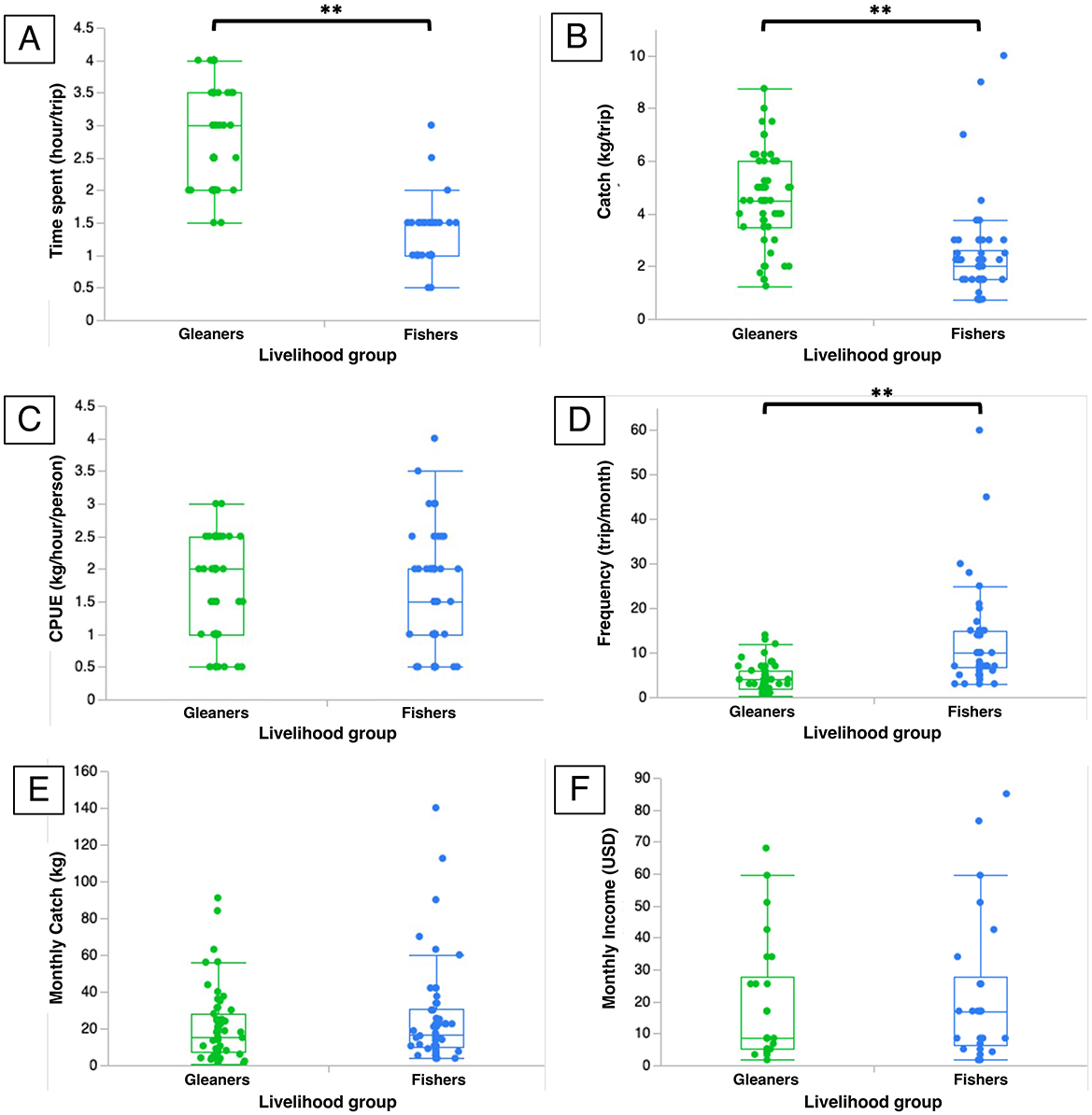 Six box plots compare data between Gleaners and Fishers. (A) Time spent per trip is higher for Gleaners. (B) Catch per trip is greater for Fishers. (C) CPUE is similar for both. (D) Frequency of trips is higher for Fishers. (E) Monthly catch is similar for both (or not statistically different). (F) Monthly income shows similar results for both. Statistically significant differences are marked by asterisks in some plots.