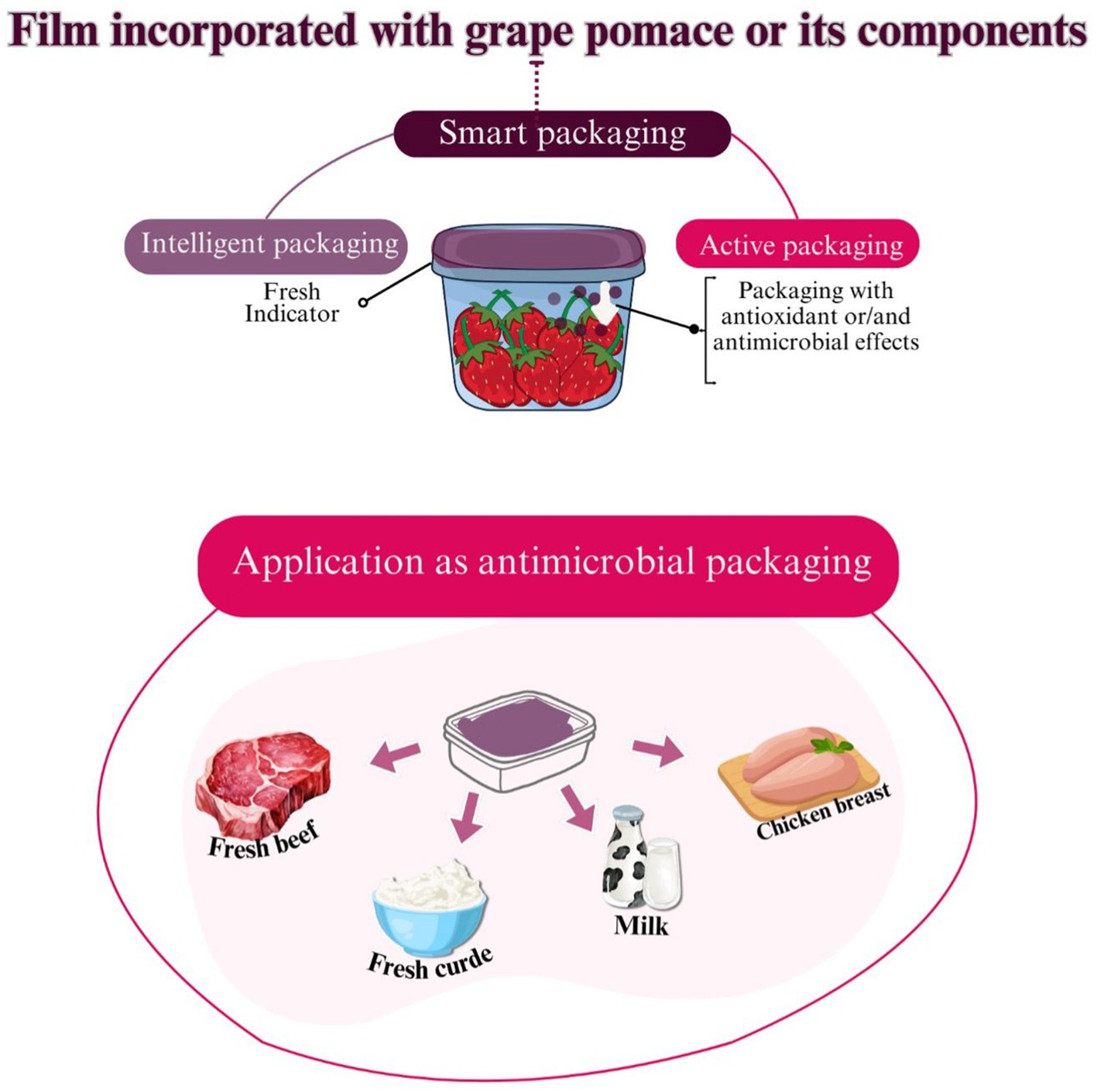 Film incorporated with grape pomace is shown as smart packaging, featuring intelligent packaging with a freshness indicator and active packaging with antioxidant and antimicrobial effects. Applications include packaging for fresh beef, curd, milk, and chicken breast.