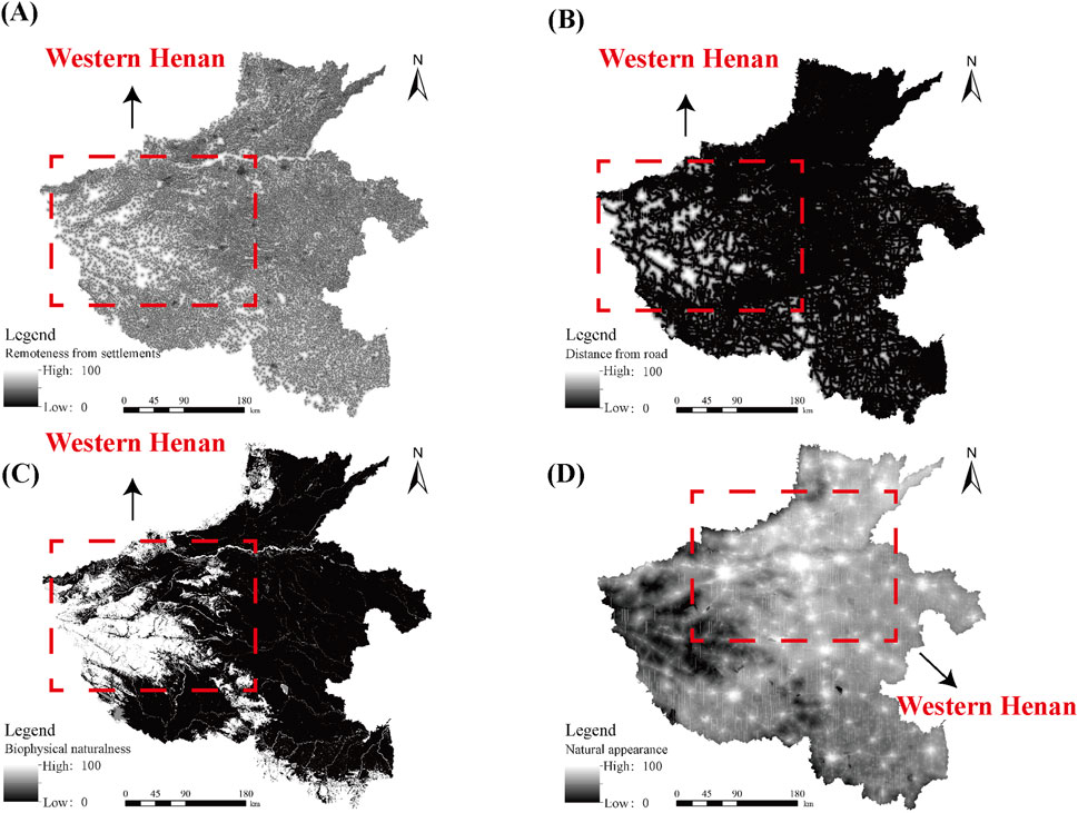 Four maps of Western Henan show variations in landscape characteristics. (A) illustrates remoteness from settlements with a grayscale gradient. (B) depicts distance from roads using similar shading. (C) focuses on biophysical naturalness, highlighting natural terrains. (D) represents natural appearance with variable shading. Each map includes a red dashed box highlighting a specific region, a scale bar, and a north arrow for orientation.