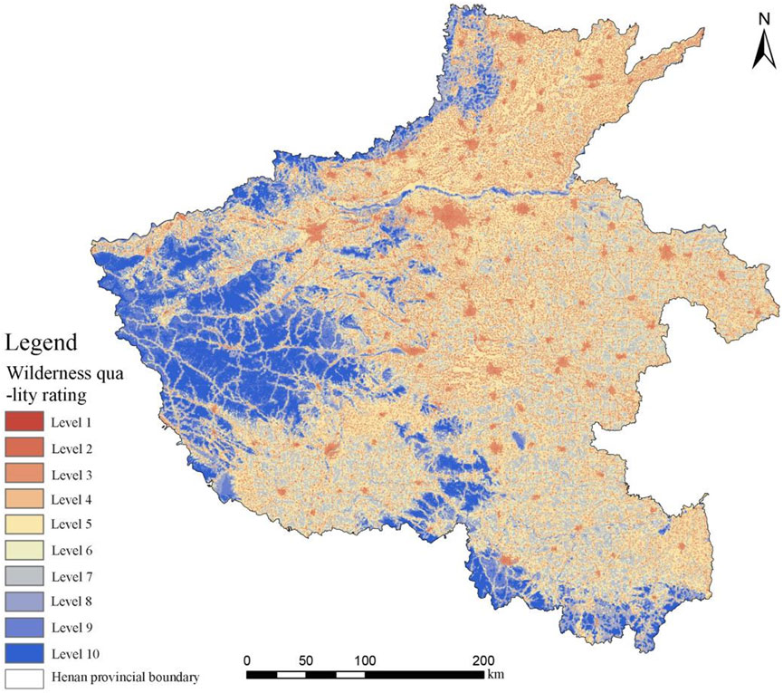 Map of Henan province illustrating wilderness quality ratings. Colors range from red (Level 1) to blue (Level 10), with red indicating lower wilderness quality and blue indicating higher. Provincial boundaries are marked, accompanied by a scale bar.