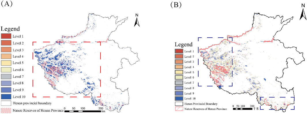 Two maps labeled (A) and (B) showing Henan Province with different shading to indicate levels 1 to 10. Map (A) has distinct red and blue markings for level differences, while map (B) presents more dispersed color distribution. Both maps include red-hatched areas for nature reserves and indicate provincial boundaries, with legends for color levels and scale bars in kilometers and meters.