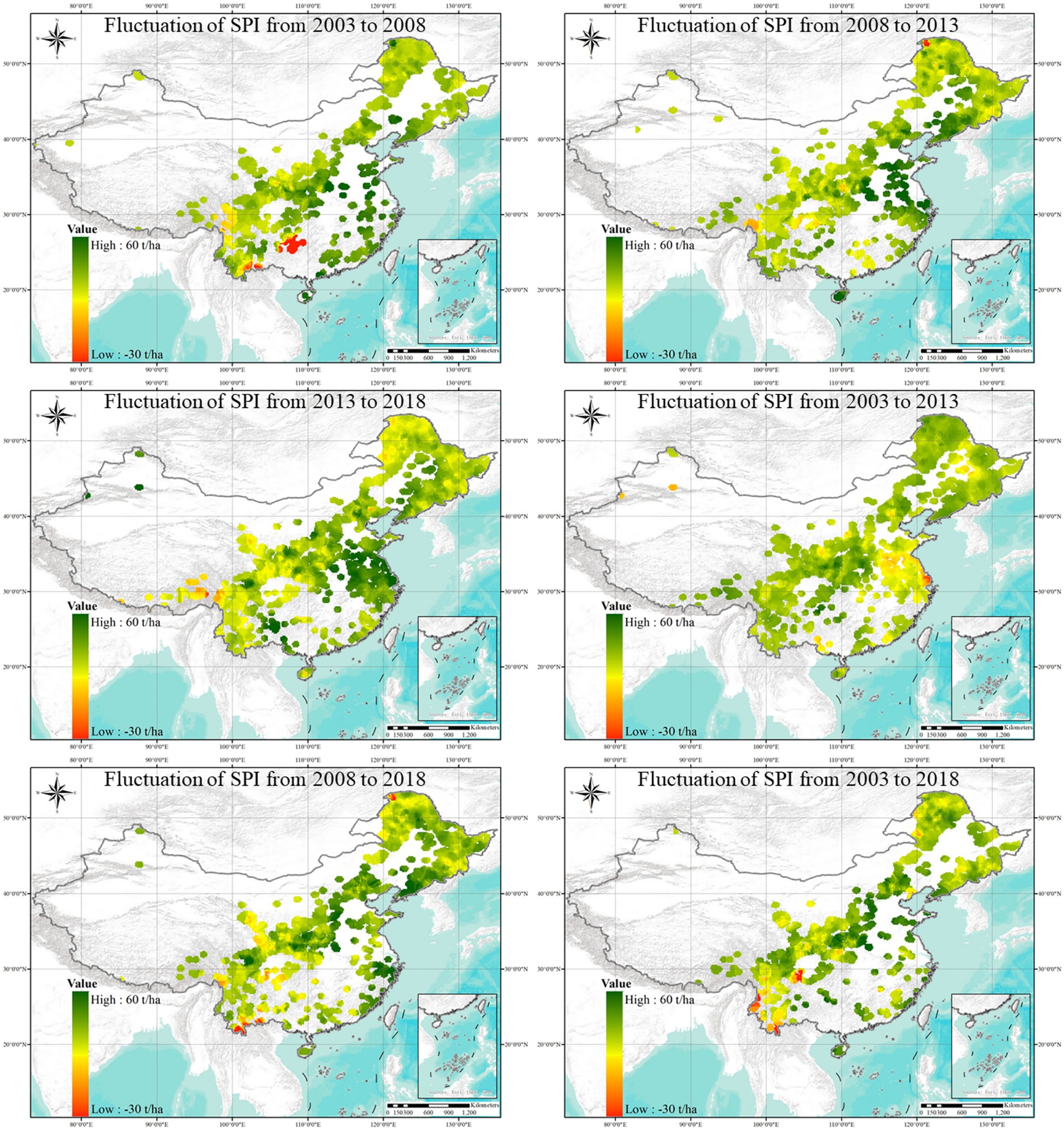Six maps show the fluctuation of SPI in China over various periods: 2003-2008, 2008-2013, and 2013-2018. Each map uses a color gradient from red (low) to green (high) to indicate SPI values. Differences in these fluctuations are visible across locations on the map, with notable variations in central and southeastern China. A small inset shows the location relative to eastern Asia.