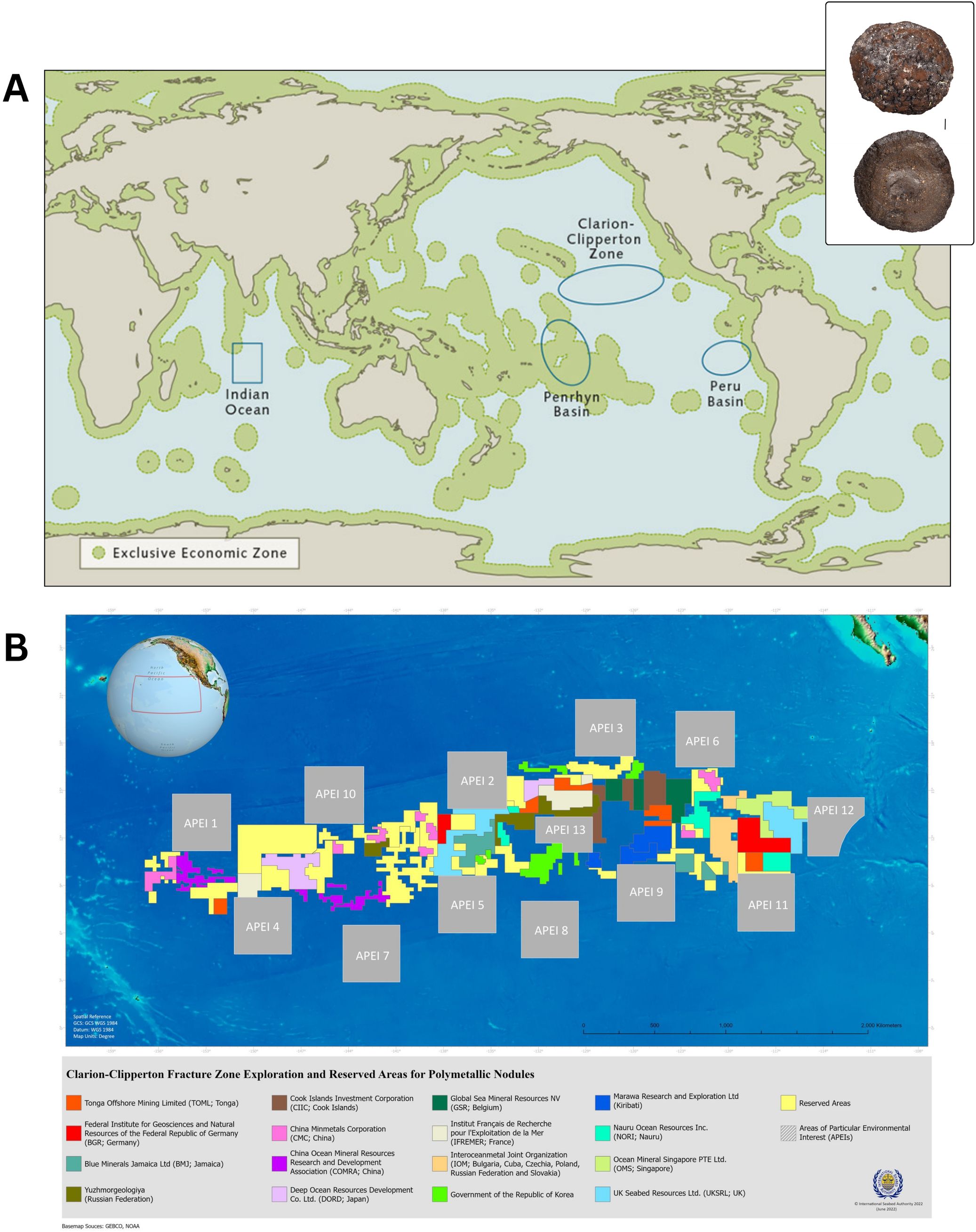 Image A displays a map of the globe that includes countries’ Exclusive Economic Zones. Areas of interest to deep-sea mining (the Clarion-Clipperton Zone of the central Pacific, the Penrhyn Basin of the southwest Pacific, the Peru Basin of the eastern Pacific, and the Central Indian Ocean Basin of the central Indian Ocean) are outlined in blue. An inset image displays a whole polymetallic nodule and the cross-section of a polymetallic nodule. Image B depicts a detailed map of the Clarion-Clipperton Zone, including exploration and reserved areas for polymetallic nodules, with color codes representing the areas’ associated contractors and countries. A legend at the bottom provides a key to the areas and their respective claim holders.