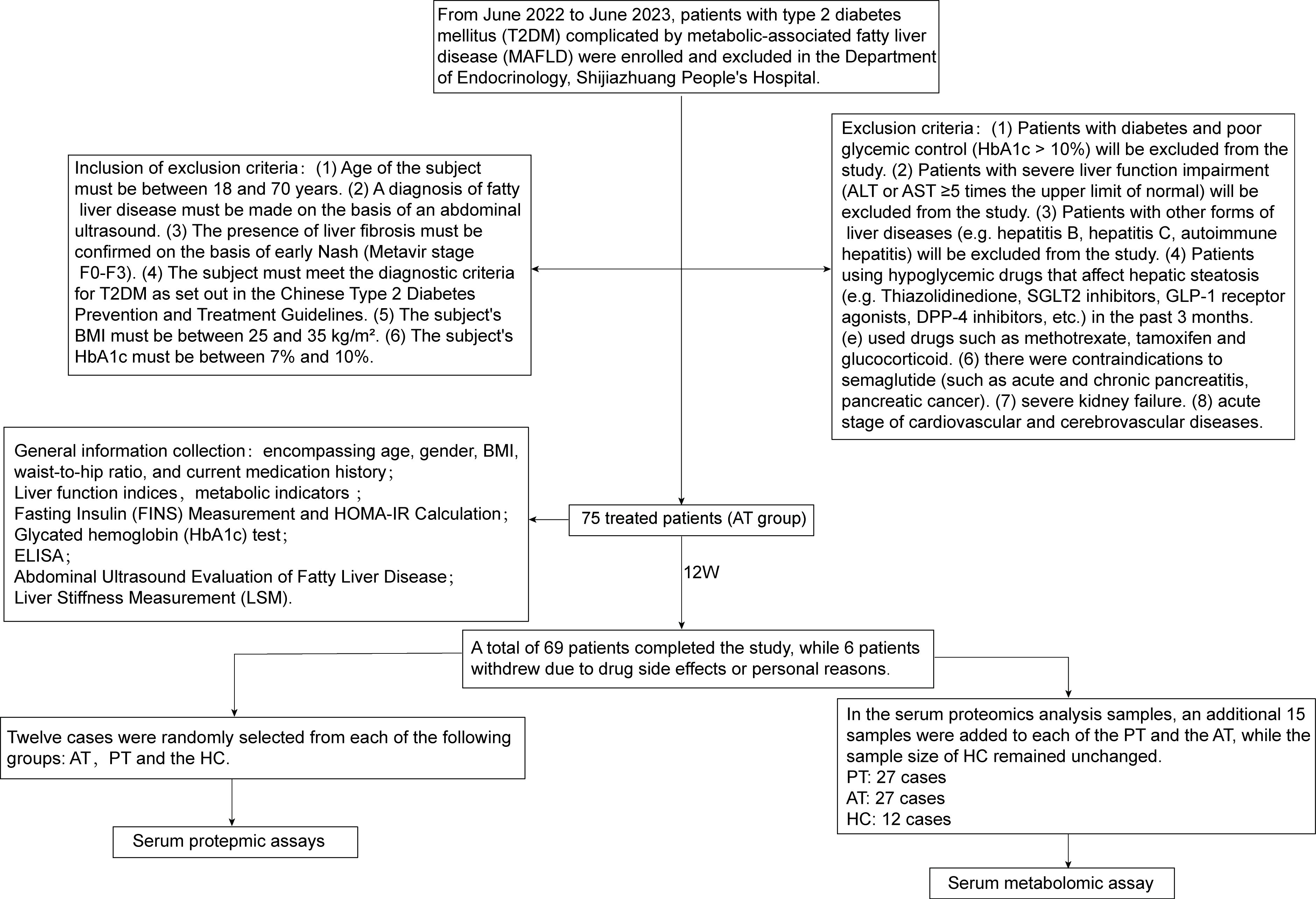 Flowchart detailing the selection and treatment process for a study involving patients with type 2 diabetes and metabolic-associated fatty liver disease. Key inclusion criteria include age, liver fibrosis stage, BMI, and HbA1c levels. Exclusion criteria involve severe diabetes control issues, liver function impairments, and contraindications for semaglutide. The study involved 75 treated patients, with data collected on various health indicators. After 12 weeks, 69 patients continued, with specific case selections for serum protomics and metabolomic assays for further analysis.