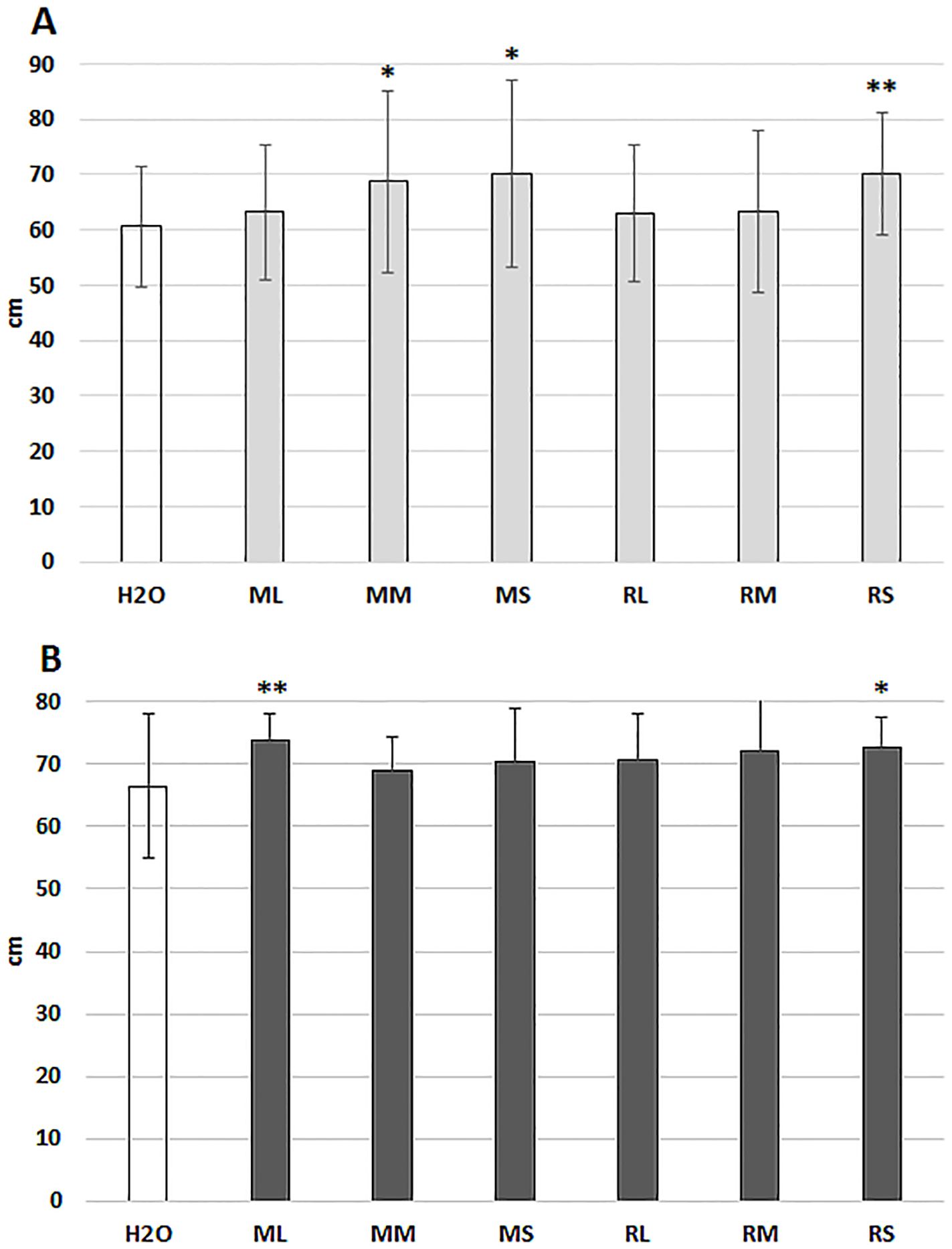Two bar graphs labeled A and B compare measurements in centimeters across six categories: H2O, ML, MM, MS, RL, RM, and RS. Graph A includes one asterisk above MM and MS, and two above RS, indicating significance. Graph B shows two asterisks above ML and one above RS. Error bars are present in all bars.