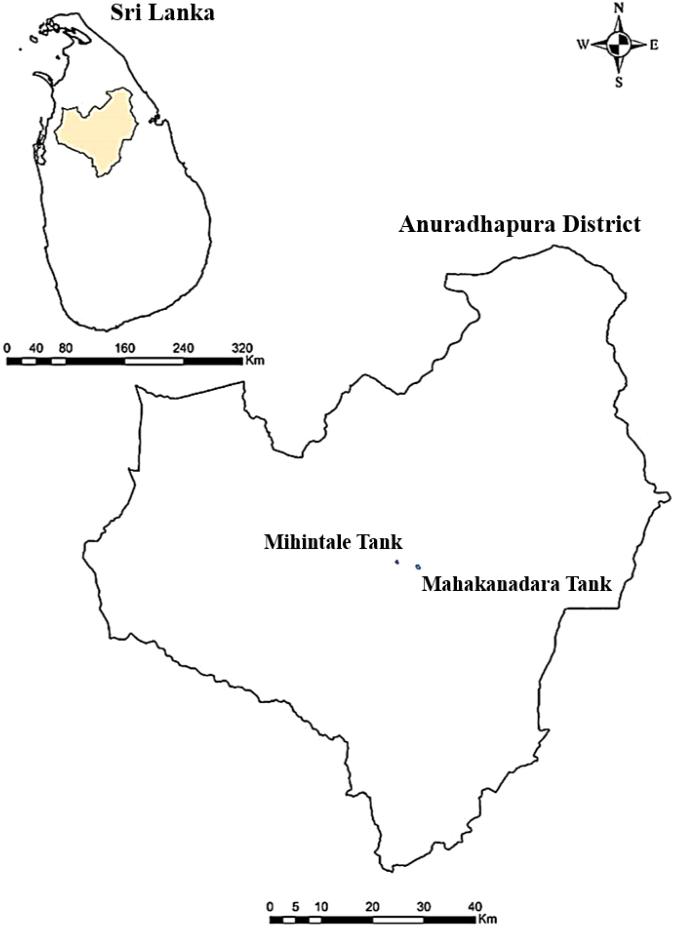 Map showing Sri Lanka and a zoomed-in view of Anuradhapura District. Mihintale Tank and Mahakanadara Tank are labeled within the district. A scale bar and compass rose are included for reference.