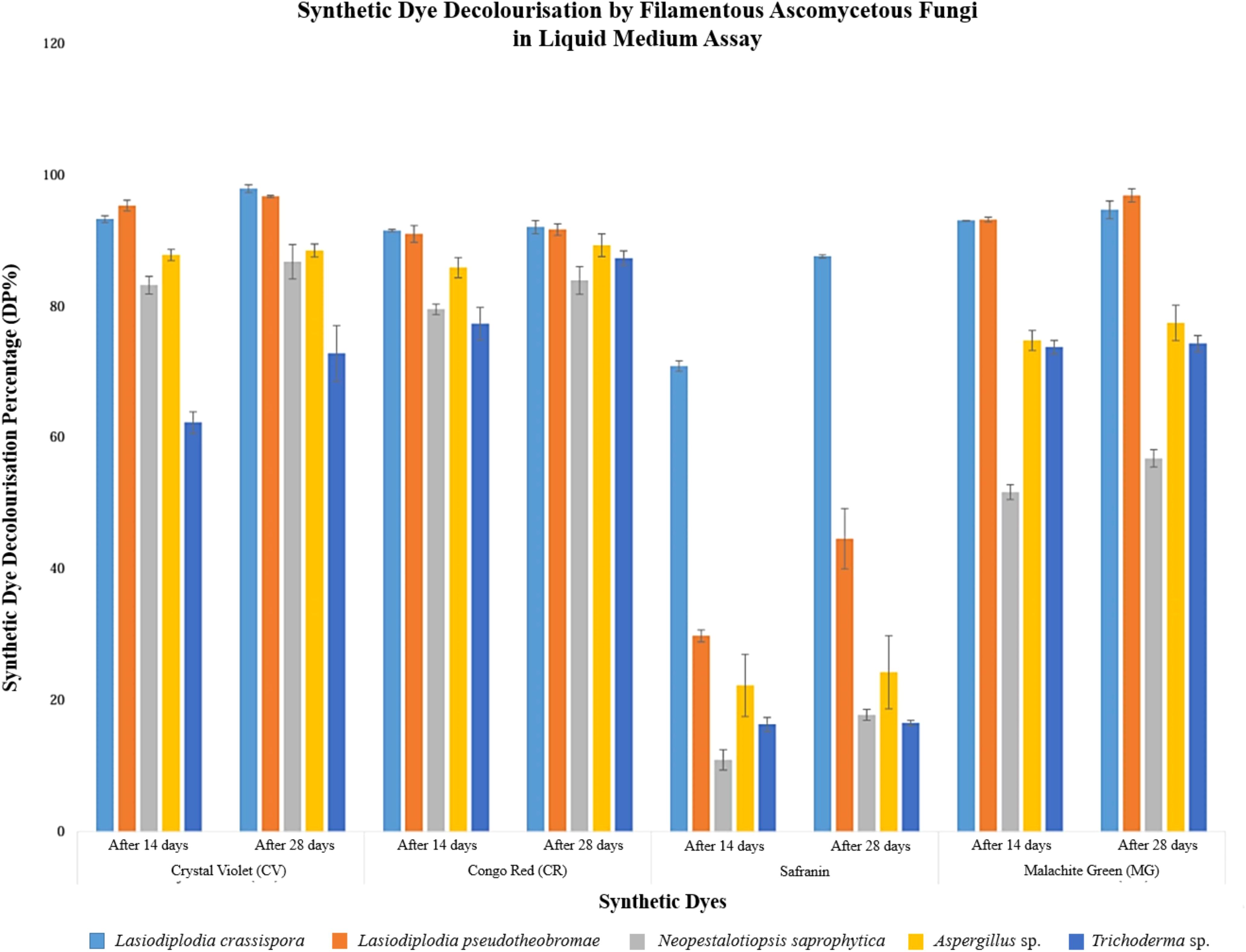Bar chart illustrating the decolourisation percentage of synthetic dyes by different fungi species over fourteen and twenty-eight days. The dyes include Crystal Violet, Congo Red, Safranin, and Malachite Green. Fungal species represented are Lasiodiplodia crassispora, Lasiodiplodia pseudotheobromae, Neopestalotiopsis sapprophytica, Aspergillus sp., and Trichoderma sp. Lasiodiplodia crassispora shows the highest decolourisation across most dyes. Error bars indicate standard deviation.