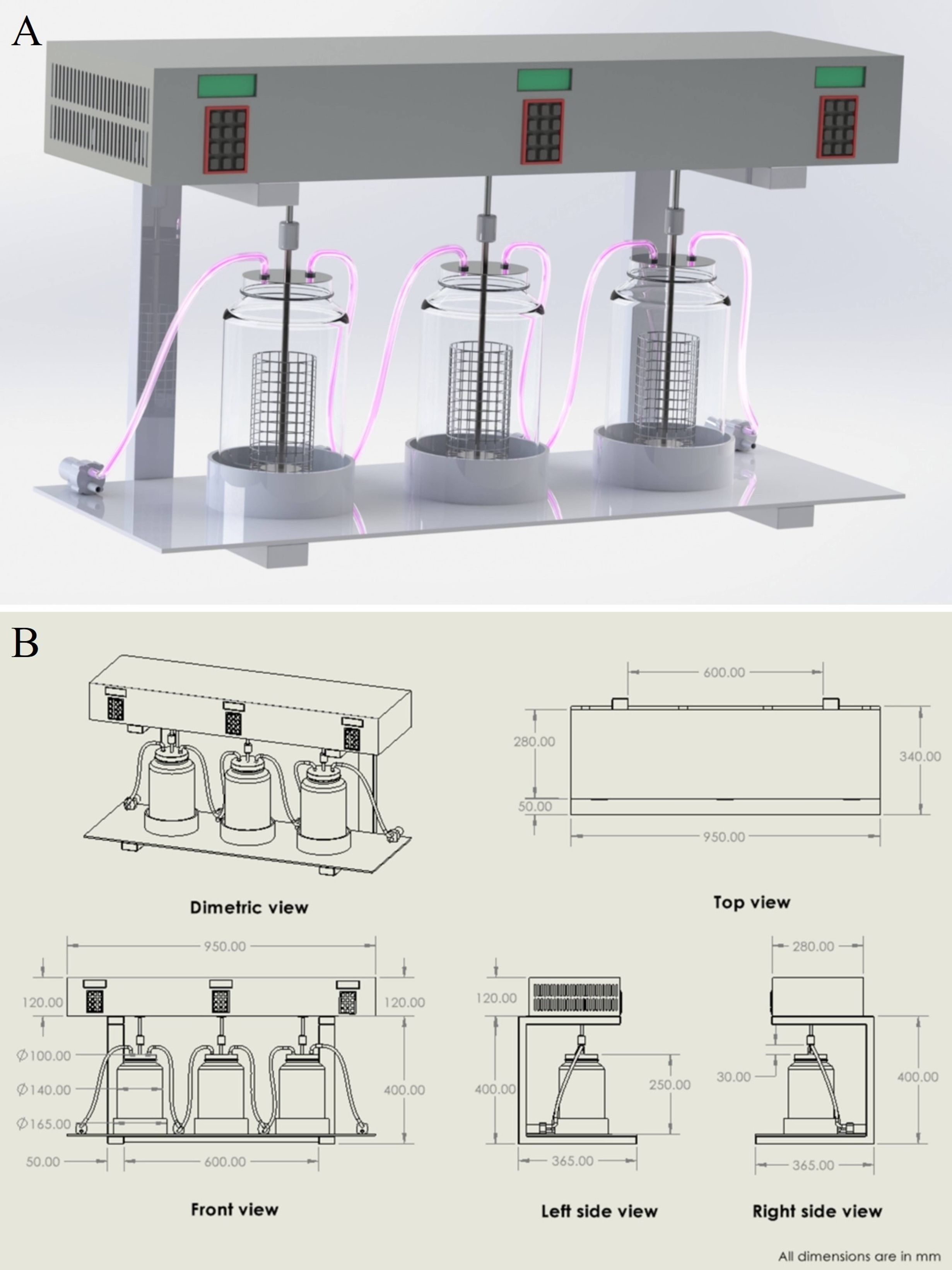 A laboratory device with three glass containers connected by tubes to a control unit, featuring indicator lights and numerical displays. Below is a technical drawing with dimensions in millimeters, showcasing dimetric, top, front, left, and right side views, displaying measurements of the device components.