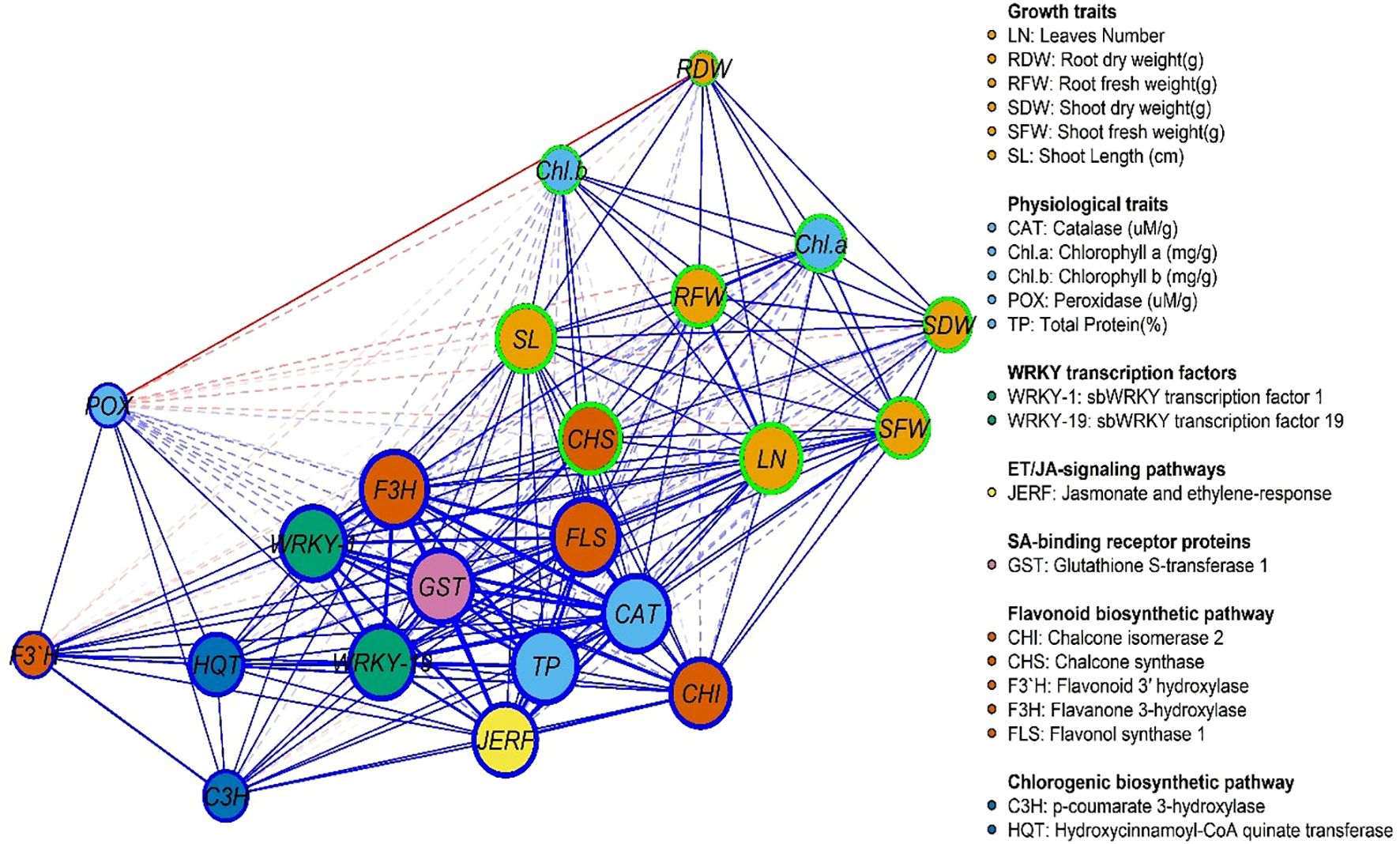 Network diagram illustrating relationships among plant traits, transcription factors, signaling pathways, and biosynthetic pathways. Nodes represent categories like growth traits, physiological traits, transcription factors, and pathways. Lines indicate connections, with a color-coded legend on the right providing details on each category.