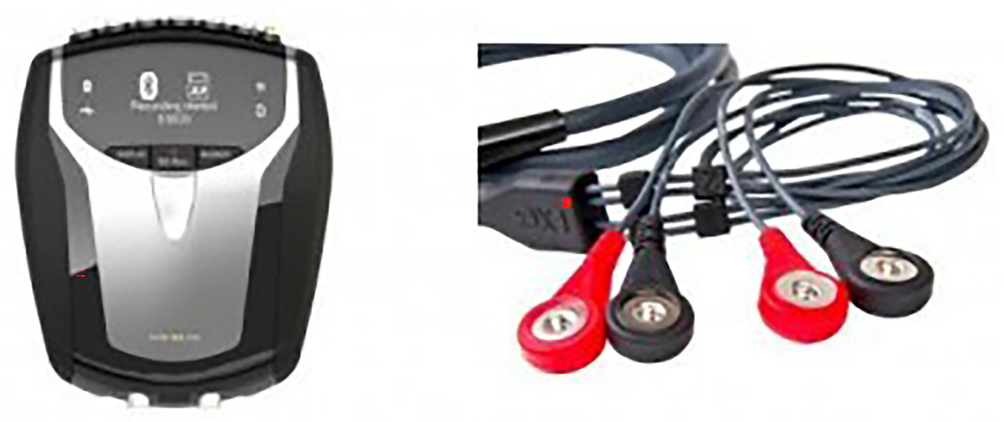 A black and gray portable ECG device with control buttons next to a set of red and black electrode cables.