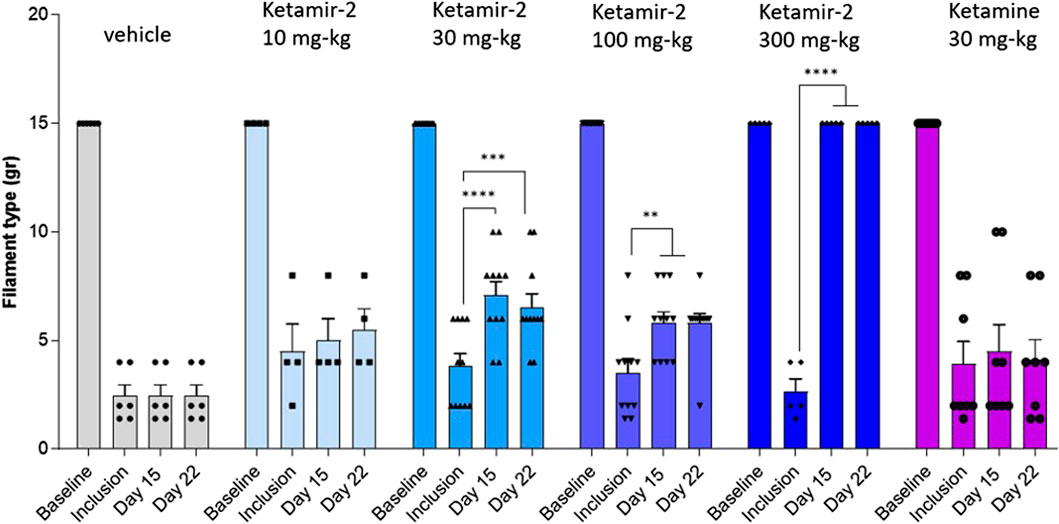 Bar graph showing filament type in grams for different treatments: vehicle, Ketamir-2 (10, 30, 100, 300 mg/kg), and Ketamine (30 mg/kg) across time points: Baseline, Inclusion, Day 15, and Day 22. Statistical significance is indicated with asterisks. Data include error bars and individual data points.