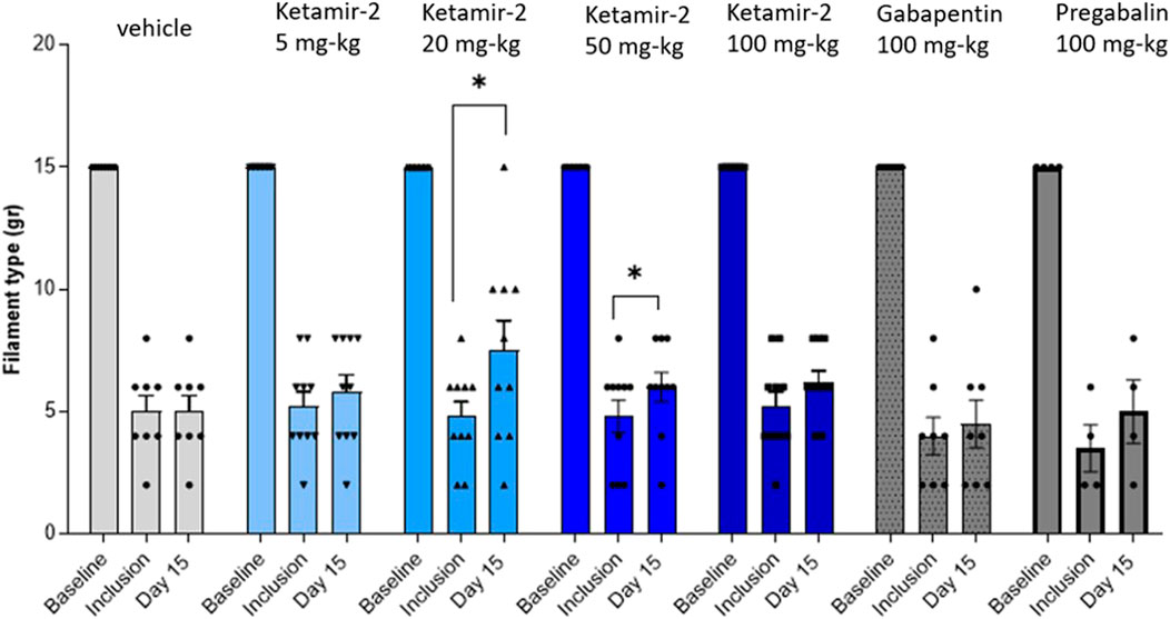 Bar graph showing the effects of different treatments on filament type measurement over baseline, inclusion, and day fifteen. Treatments include vehicle, various doses of Ketamir-2, Gabapentin, and Pregabalin. The vertical axis represents filament type in grams. Error bars indicate variability, and asterisks denote statistically significant differences.