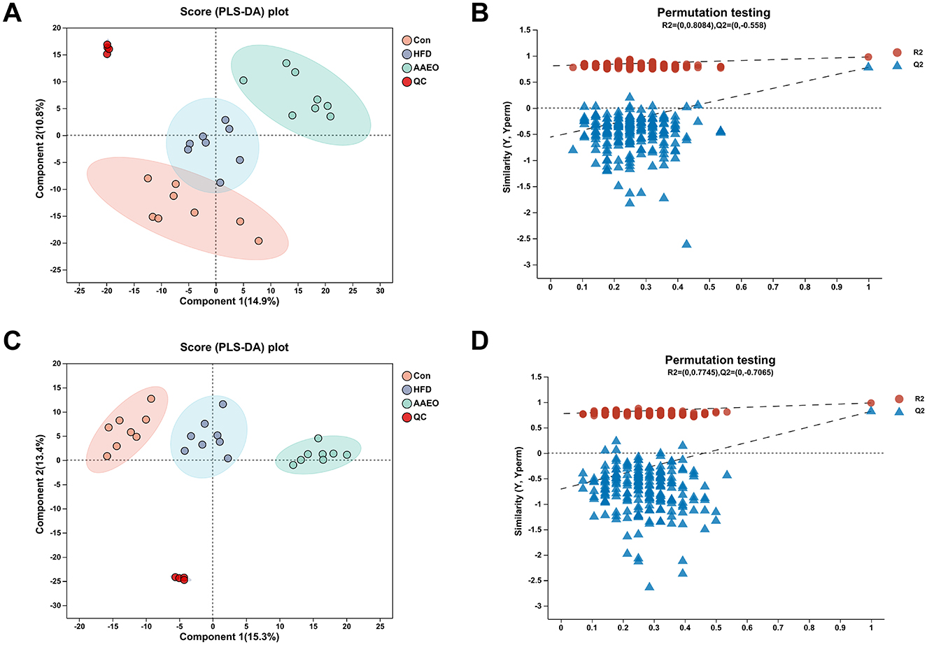 Four subplots present data from PLS-DA analysis and permutation testing. Plots A and C are PLS-DA score plots with ellipses showing different groups: Con (green), HFD (blue), AAEO (purple), and QC (red). Plots B and D display permutation testing results, with R2 and Q2 values plotted as circles and triangles, respectively, against a horizontal axis. The R2 and Q2 values are noted above each plot as indicators of model reliability.
