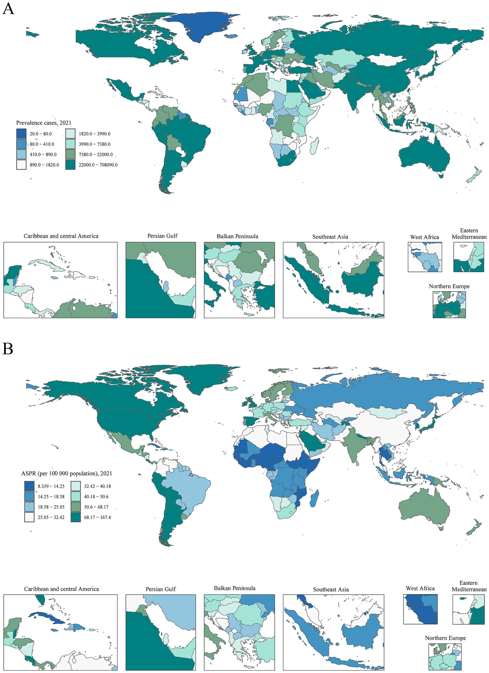 Two world maps labeled A and B show data from 2021. Map A illustrates the prevalence of cases with varying shades representing different ranges of cases per country, with close-ups of regions like the Caribbean and central America, Persian Gulf, and Southeast Asia. Map B displays the age-standardized prevalence rates (ASPR) per 100,000 population, using shades to indicate different rate categories, also featuring regional close-ups. Both maps utilize similar legends to differentiate the data visually.