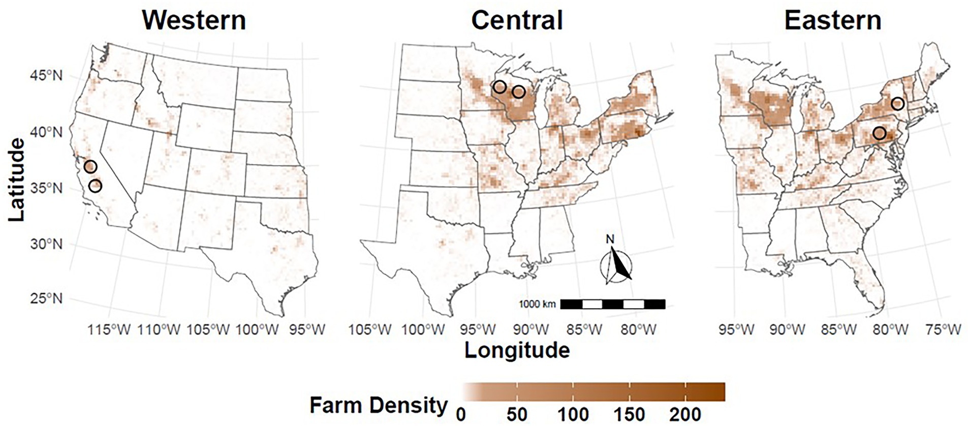 Three maps showing farm density in the Western, Central, and Eastern United States. The density gradient ranges from light to dark brown, indicating increasing farm density from 0 to 200. Each region has circles highlighting specific areas. Latitude and longitude lines are included for reference, along with a scale bar and compass rose at the bottom.